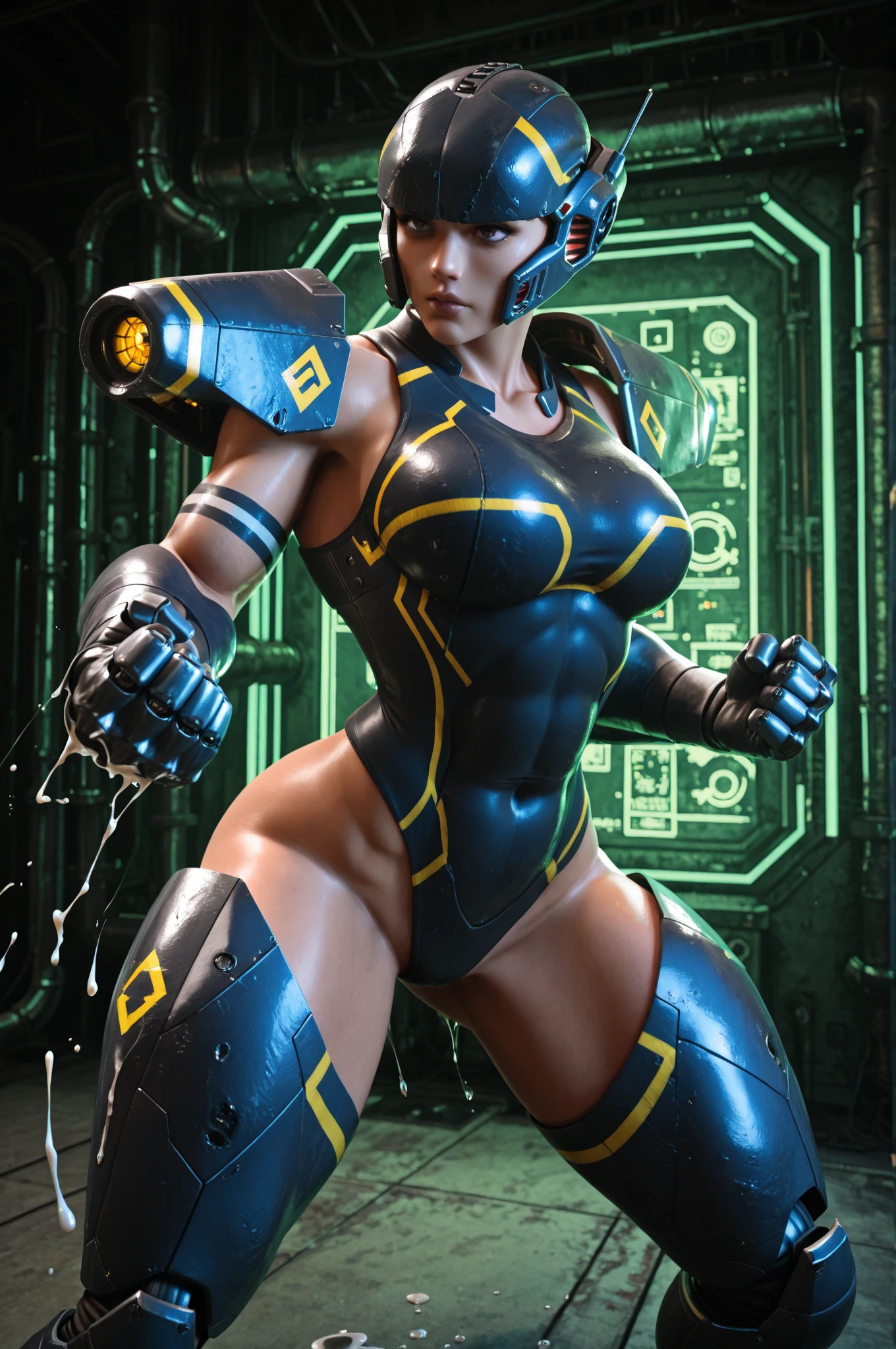 Chun-Li (reimagined in a cyberpunk universe), (cyberpunk style), (cyberpunk), (cyberpunk outfit), (punk hair), augmentation, cybernetics, glowing neon lights, cinematic scene, hero view, action pose, masterpiece, best quality, high quality, absurdres, vivid  <lora:chun-li_xl_v1:1>, detailed skin texture, (blush:0.5), (goosebumps:0.5), subsurface scattering