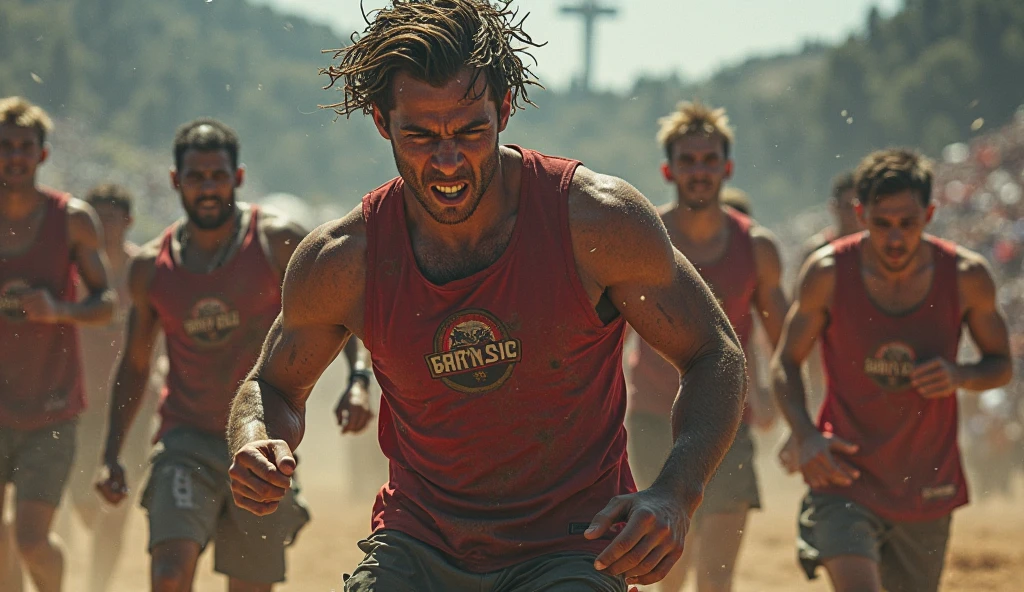 4 white men chained at the waist running (chains pass between men&#39;s waists, men behind with gray clothes, 1 man forward highlighted detailed, simple torn clothes and bare feet, the red background, with smoke and obstacles 