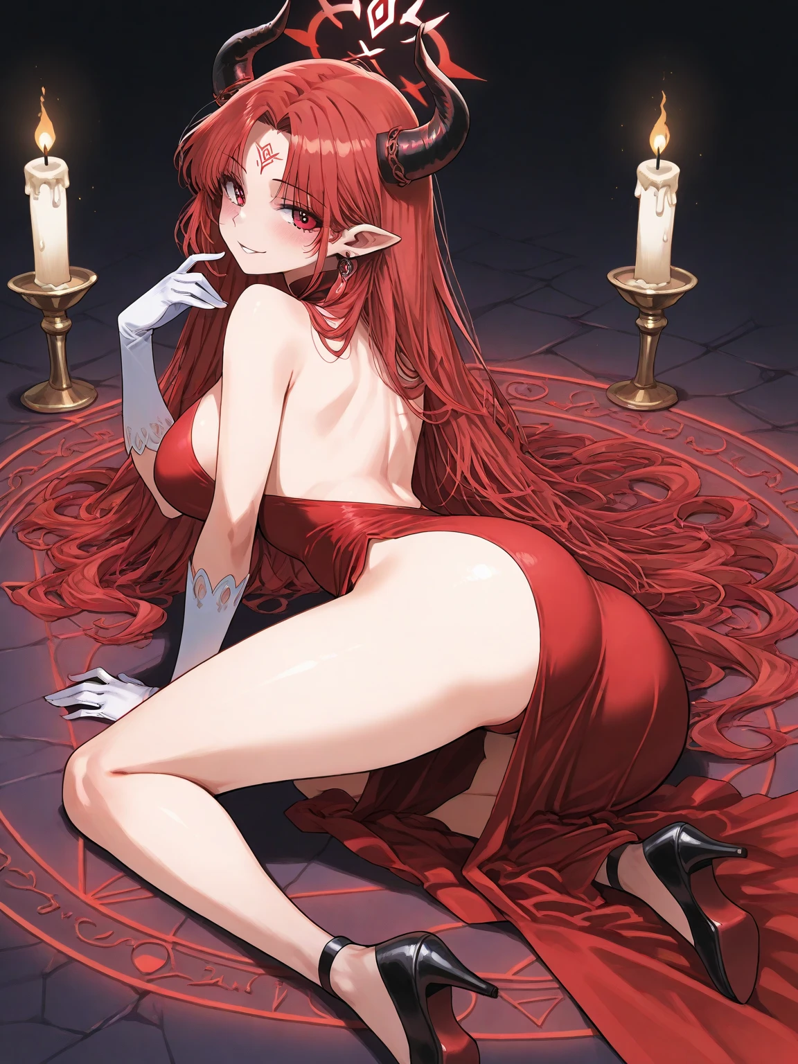 Beautiful young girl, long scarlet hair, red eyes, dimly-lit, bedroom, succubus, nude, ?????? pose.