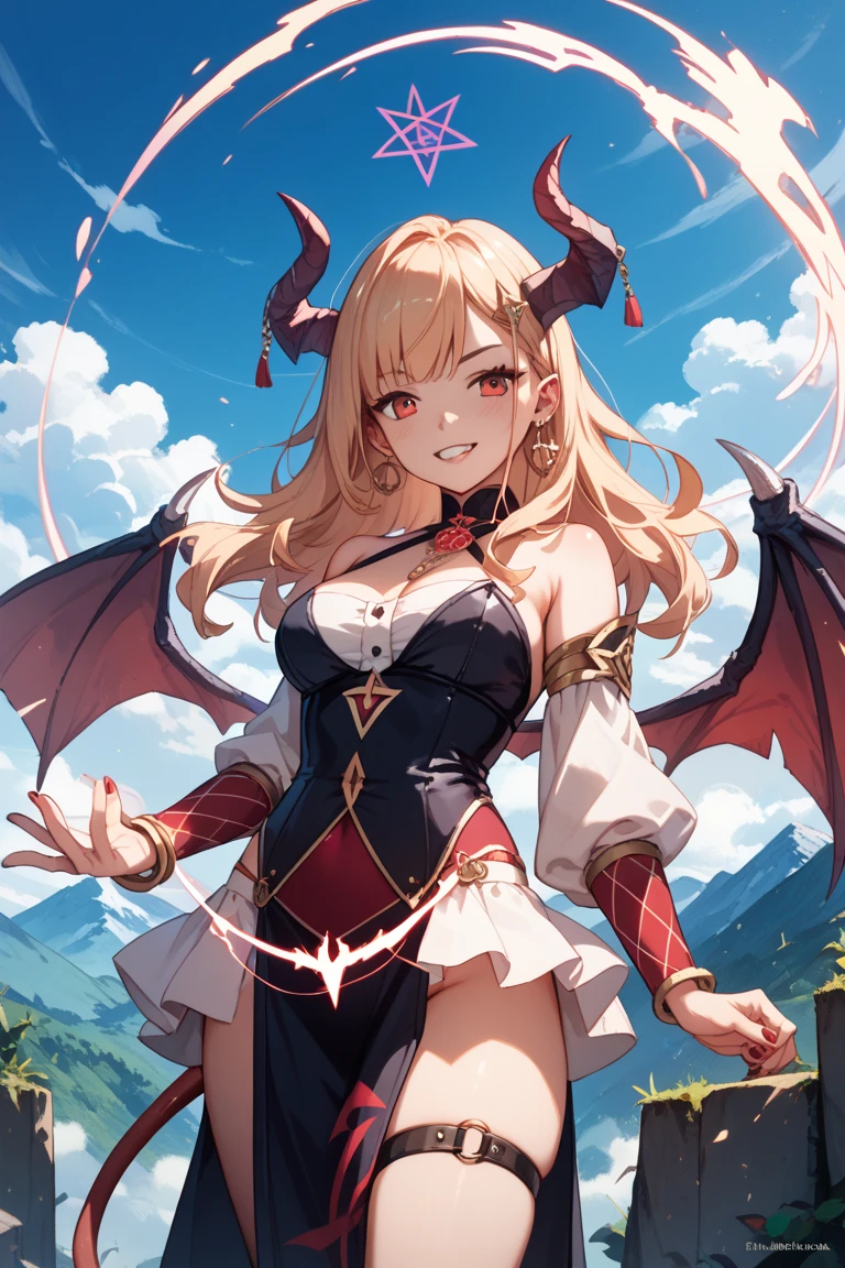 absurdres, highres
BREAK
(doragon girl:1.3), doragon (horn:1.2), fantasy, doragon devil (wings:1.3),  spred wings, (glare at viewer), (angry), growing eyes, (scaly armor:1.3) red dress, (roar:1.2), open mouth, fang, dynamic angle, magical fire effect, (claw pose:1.2), (fullbody), open legs, standing,
BREAK
background is Erupting volcano, fire, burst of flame, explosion
BREAK
(solo:1.2)