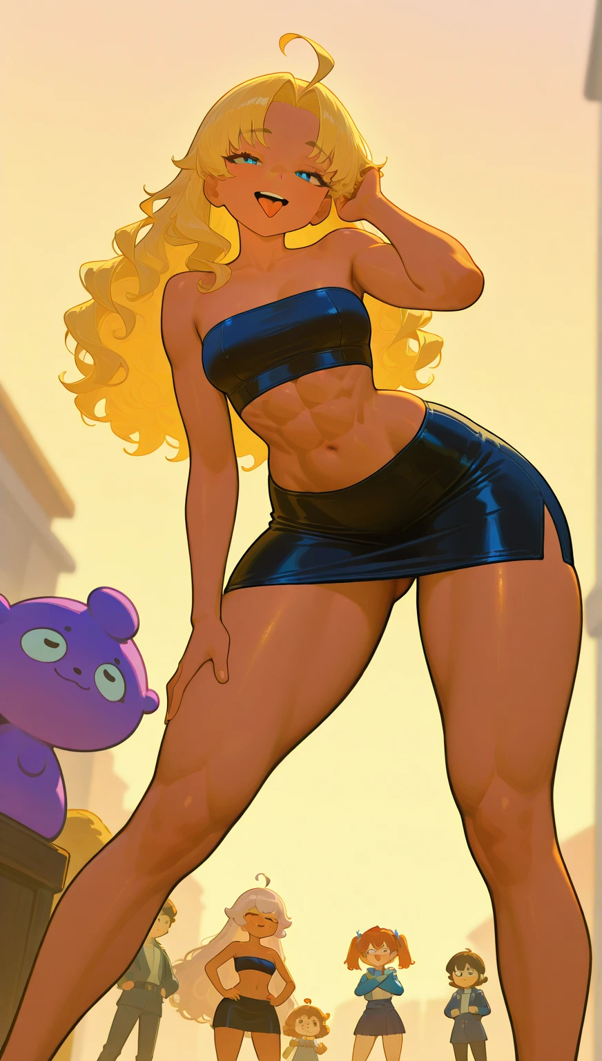 Create an image of a stylized female cartoon character in summer outfit, inspired by the style of a video game like GTA. The figure should appear dynamic and self-confident, with an urban background and a summery atmosphere.“ can you make her blonde with tattoos