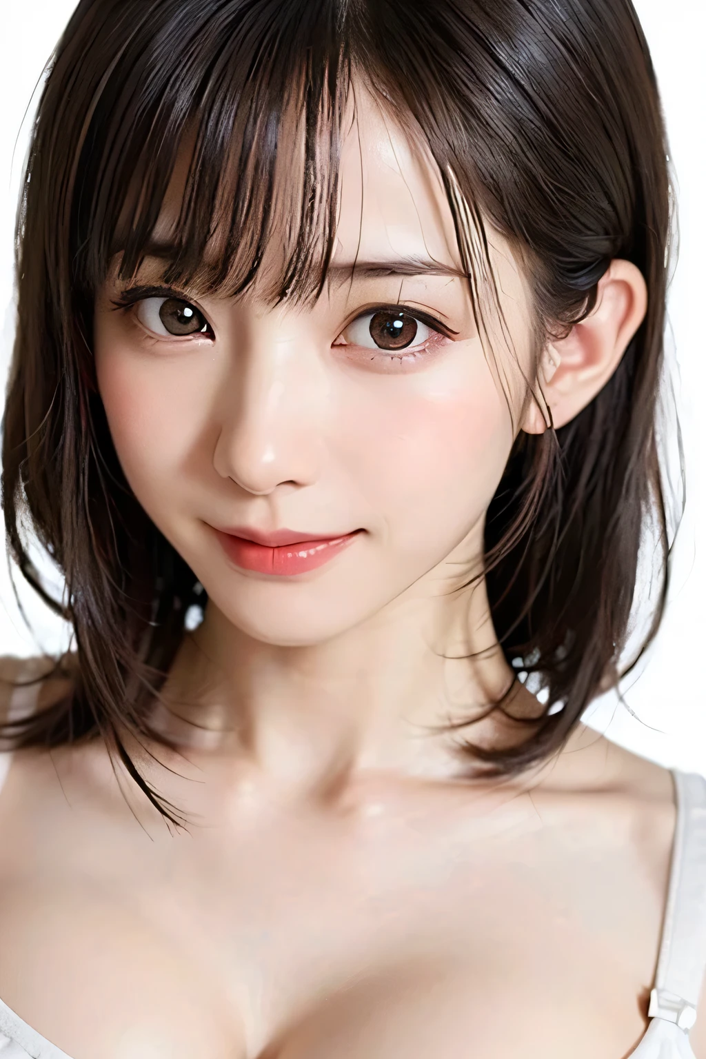 1 girl, alone, Shiny skin, chest, very detailed, ultra detailed, Ultra-high resolution, whole body, (フォトrealism:1.6、Put out your ears), (highest quality), (Best Shadow),realism:1.6 details, Perfect lighting, Black Hair, ((Showpiece, highest quality, High precision、Beautiful face in symmetry、golden ratio、Ultra high definition)), One Girl, (big chest, Realistic: 1.4), (look up at the camera even a little, カメラをlook up, look up, look up at the camera, Looking into the camera))), alone, , White Background, snow-White Background, shut up., smile, pretty Black Hair, short hair, Big eyes, Transparent double eyelids, eyelash, listen, Long neck, Long neck, Absolute area, ((Face close-up, short hair with bangs)), 19 years old, Attractive proportions, Shiny skin, Beautiful clavicle, Golden ratio face, Perfect Face, Teardrop-shaped mole, chestのほくろ, bangs, clean bangs, beautiful bangs, Lip gloss, Thin lips, White skin, I took off my clothes, big chest, Small face, Small face, 少し上を向いてLooking into the camera, ((smile a little for the camera, really nothing pure White Background, very big big chest, big chest))