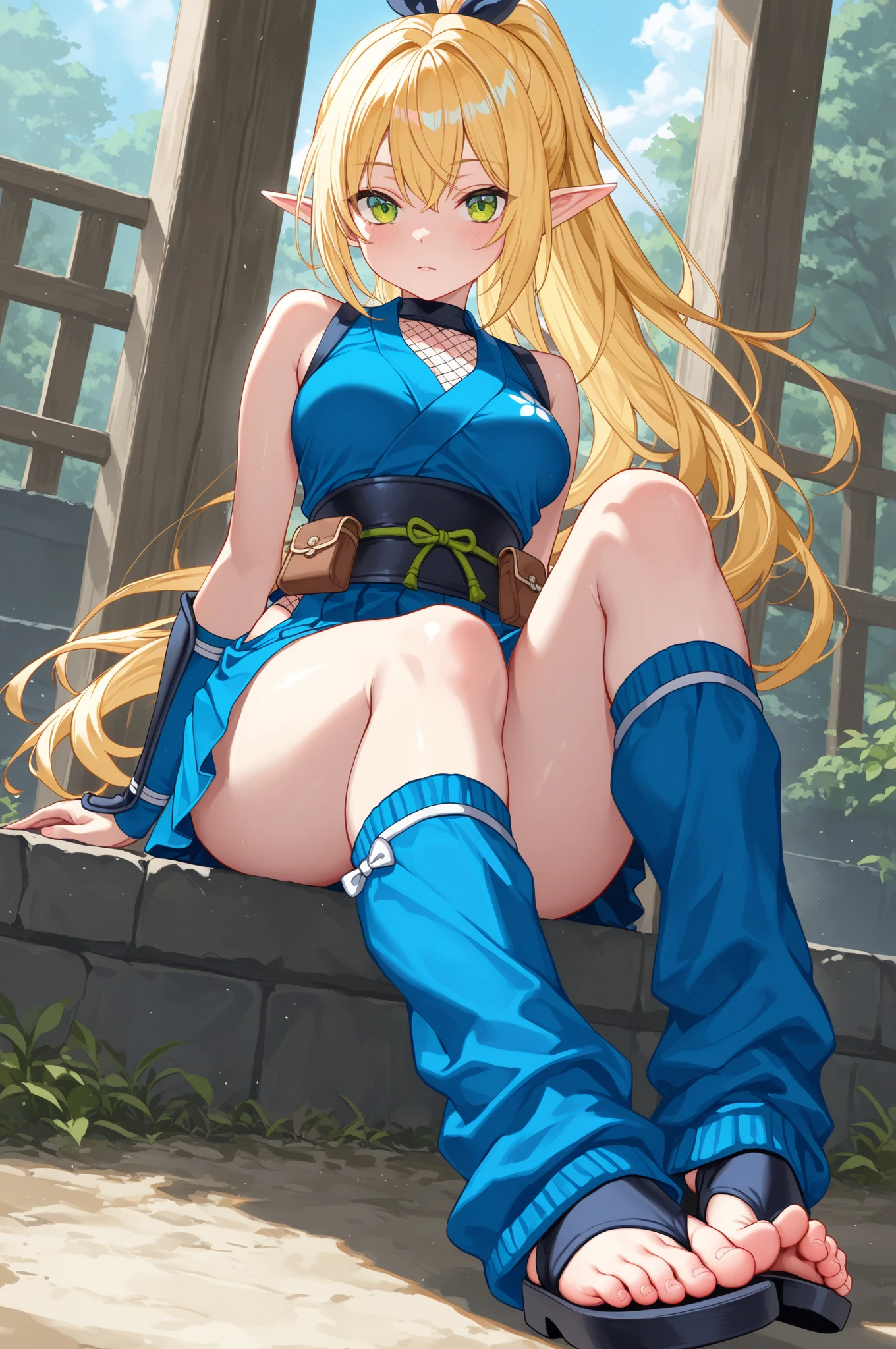 Blonde hair and blue eyes Long Hair Fairy Big Breasts naked Wet towel erotic Big Breasts beauty cute highest quality Readying a bow and arrow in the forest Be on guard