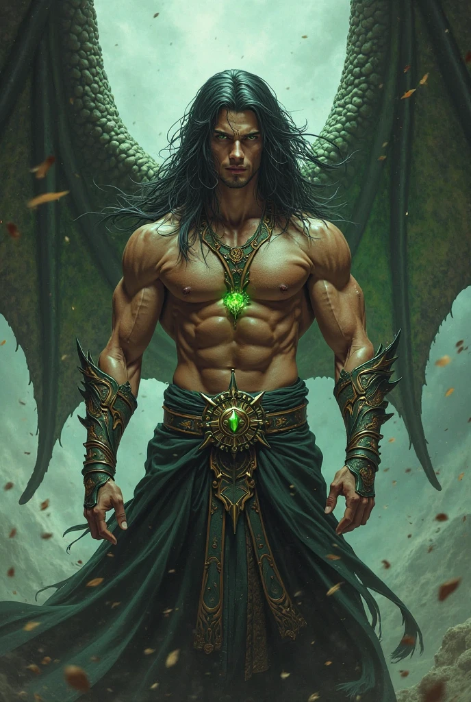 masterpiece, best quality, ultra high res, beatiful, stunning, elegant, incredible details, detailed, aura, flying feathers, (dark green theme:1.1), glowing green eyes, cinematic lighting, ultra-high quality, 8k, full body, man, long flowing black hair, handsome, pale white skin, Black long skirt, (no shirt, abs:1.1), green details, (Dark magical energy enveloping arms:1.4), looking at viewer, posing, charging a green energy with hands, cifer ulquiorra, big claws, (full face black mask with green runes:1.2), (hundreds of black wings:1.3), (angelical black halo:1.25), (big black demonic tail:1.2), desert background, solo, crazy looking, menacing, (anime style:1.5)