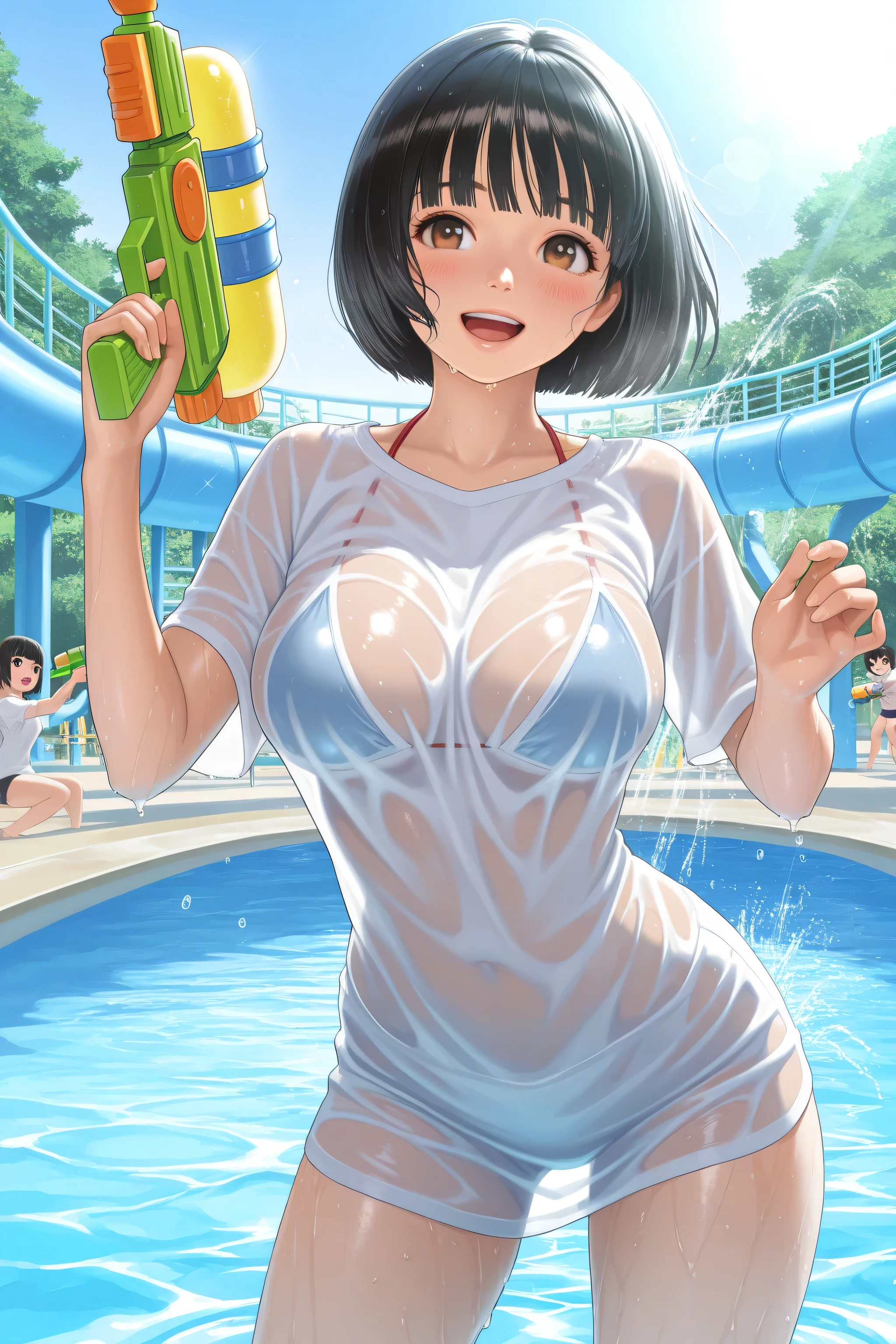 highest quality、High resolution、8k、(huge breasts:1.2)、Beautiful teenage girl、((three girls:1.5)、(three women)、braided ponytail、flashy hair color、
((cute thin white v string bikini:1.5))、My whole body gets wet、(Wet and see-through swimsuit:1.5)、(Nipples stand out in swimsuits:1.5)、water play spot、water play slide、water play event、
Laugh playfully、smile、smile、sexual expression、emphasize the chest、camel toe