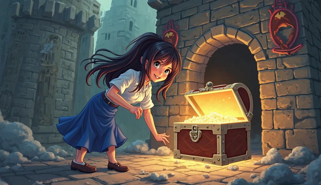 A treasure chest mimic opens its toothy maw and chases after a cute halfling thief woman,(adventuring outfit) dungeon, high fantasy