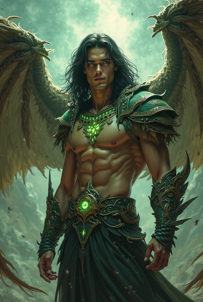 The upper body is a naked human and the second half is a peacock man. Long black hair, towering nose, green eyes, angular lips, peacock blue-green tail and claws. The peacock man floated in the air, holding a long-handled sacrificial weapon in his hand. There was gunsmoke in Beijing, as if there was a war, and he floated in mid-air, like a savior. --auto --s2
