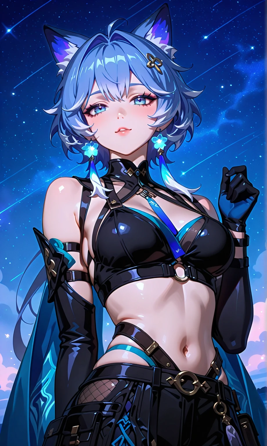 {{masterpiece}}, best quality, extremely detailed CG unity 8k wallpaper, cinematic lighting, lens flare, beautiful detail eyes, black,  side glance,  multicolor short white hair, colorful light, particles, heterochromia, (colorful:1.5), (colorful hair:1.5), futuristic little bikini, beach view, nipple slip, little breast,
