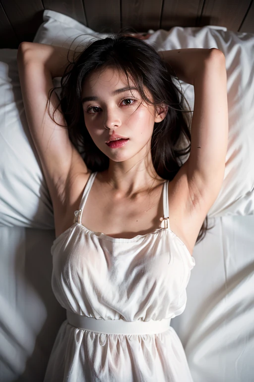  (masterpiece:1.2), Very detailed, Ultra-high resolution, (Realistic, photo Realistic:1.37), High resolution RAW color photos, Professional photos, Dramatic lighting, Sharp focus:1.2, (Very detailedな顔と肌の質感, Very beautiful eyes, Glossのある肌, Glowing Skin, Glowing Skin, Shining Face, Gloss, 強いGloss), Very detailedな背景, 1 female, 30-year-old woman, Japanese women, (Bobcut, brown hair), (thin：Weight 1.0), (big breasts:1.1), ((Bedroom)), (((night))), (((Dark Room))), ((erotic)), ((Sensual)), Woman close up, Warm color scheme, ((Glowing Skin)), (((Please lie on your back:1.3))), ((Lying down:1.3)), (Wedding dress:1.4), (Cleavage), (real Glossのある肌 texture), (Glowing Skin), ((((With empty eyes, Open your mouth:1.3))), (Tilt your head:1.3),), (((White skin))), Browsing Caution