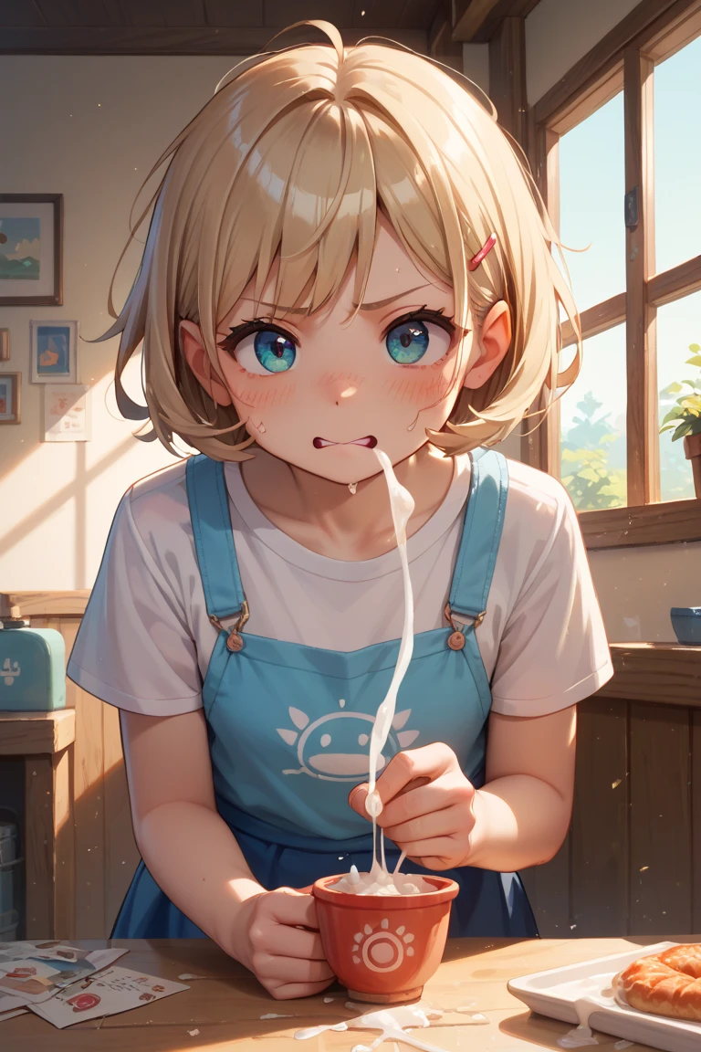 nsfw,(Petite),(A cute boy),blonde low twintails,lips,A sloppy expression,(Handjob voyeur),Sweat,White Breath,Audience peering from above,On all fours,((Drooling)),camisole,((Mouth overflowing with sperm))