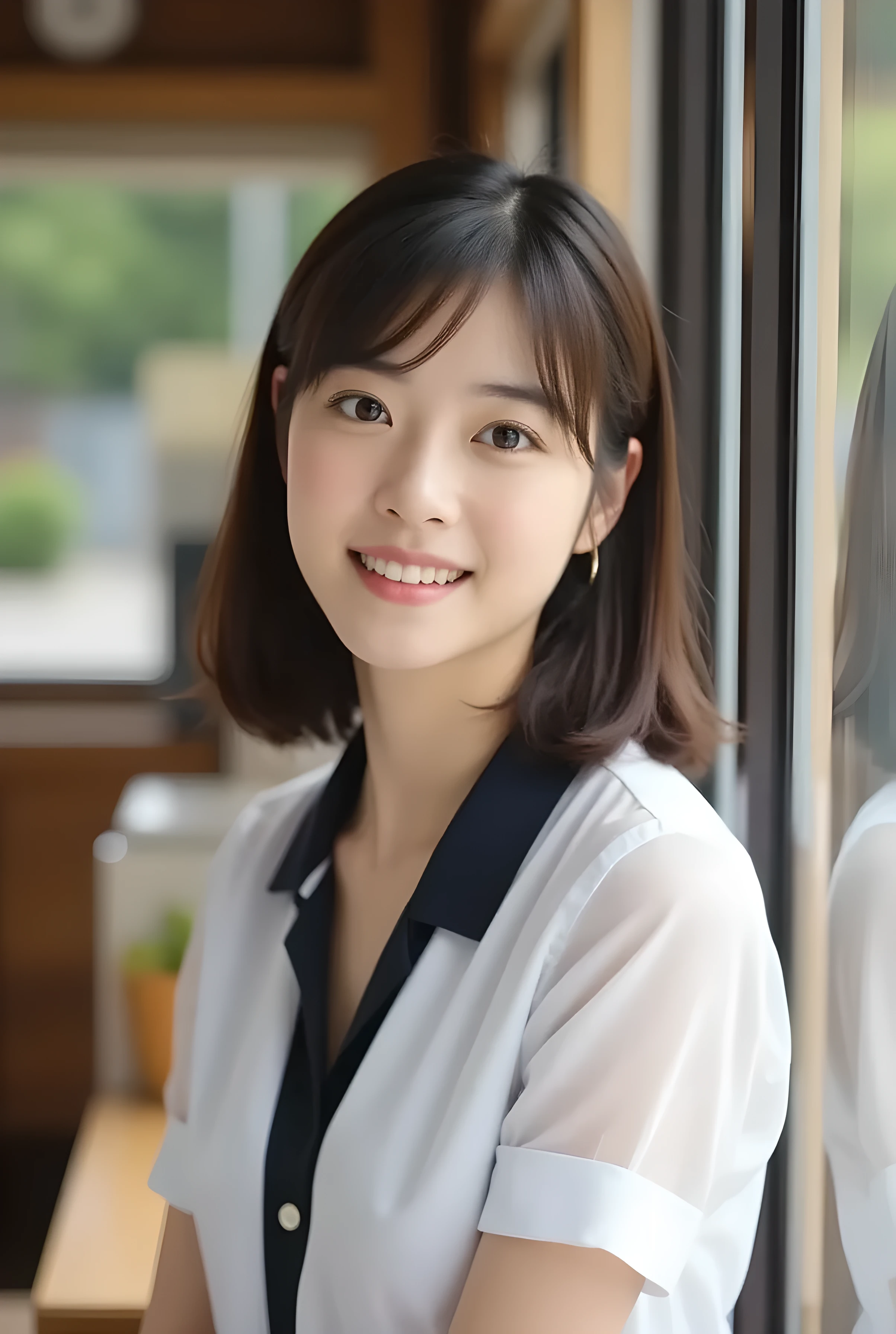       super realistic ,       photorealistic   ,    (Full body image:1.5),  She looks very happy      , shadow,           Global Illumination          , Alone, (japanese women in their 20s :1.5),      VERY BEAUTIFUL、     Cute Smiles ,    Slim,    brown hair ，　beautiful legs ， Long, slender legs ,       Surimi West   ， She's wearing a receptionist   ，wearing a bus guide  ，   turn your body forward、  white hair，full body photo  ，Please take a picture up to the tip of your foot  ，wear gray pantyhose on her legs  ，When the light hits stockings, they reflects beautifully.，　wearing white high heels      ，