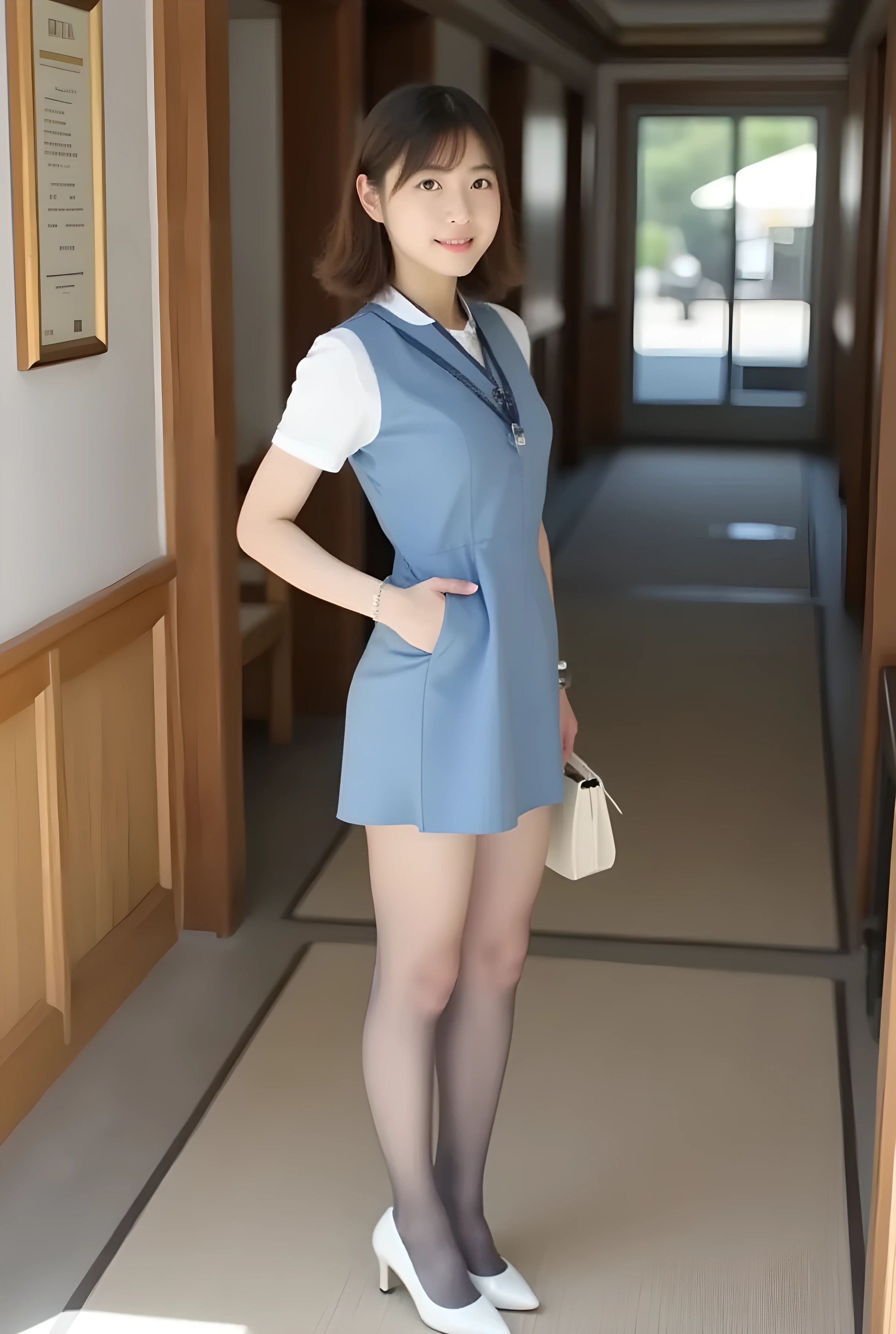       super realistic ,       photorealistic   ,    (Full body image:1.5),  She looks very happy      , shadow,           Global Illumination          , Alone, (japanese women in their 20s :1.5),      VERY BEAUTIFUL、     Cute Smiles ,    Slim,    brown hair ，　beautiful legs ， Long, slender legs ,       Surimi West   ， She's wearing a receptionist   ，wearing a bus guide  ，   turn your body forward、  white hair，full body photo  ，Please take a picture up to the tip of your foot  ，wear gray pantyhose on her legs  ，When the light hits stockings, they reflects beautifully.，　wearing white high heels      ，