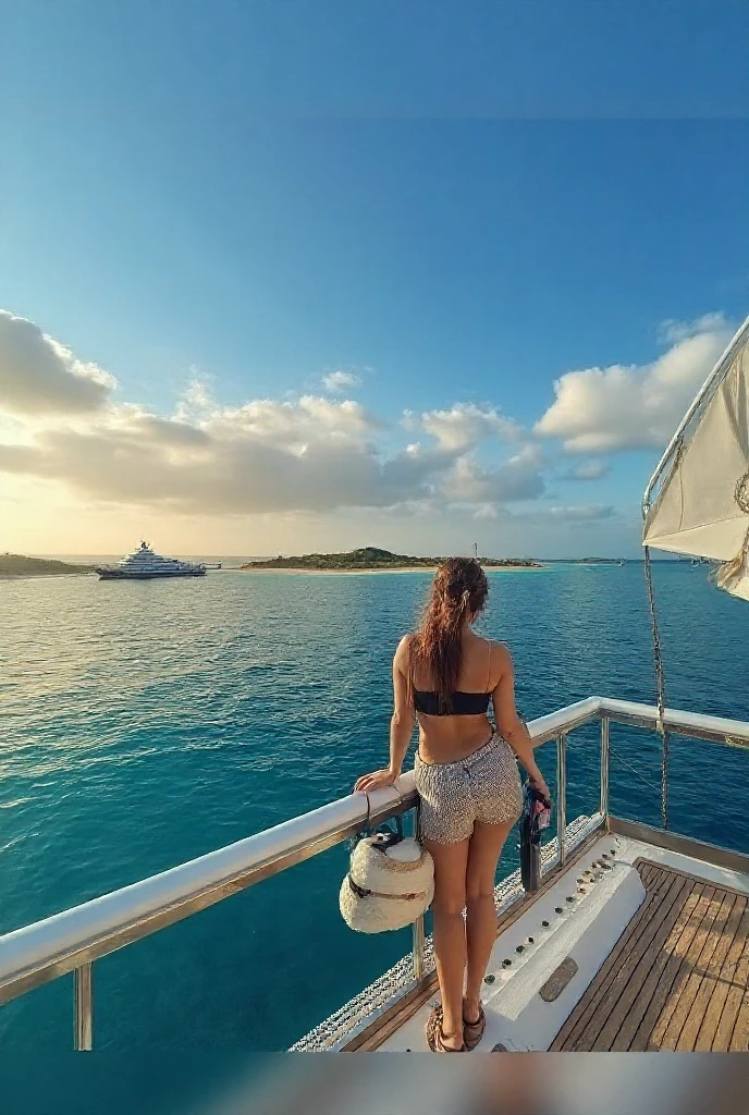 Huge cruise ships from a long distance,Little girl in bikini playing by the resort beach