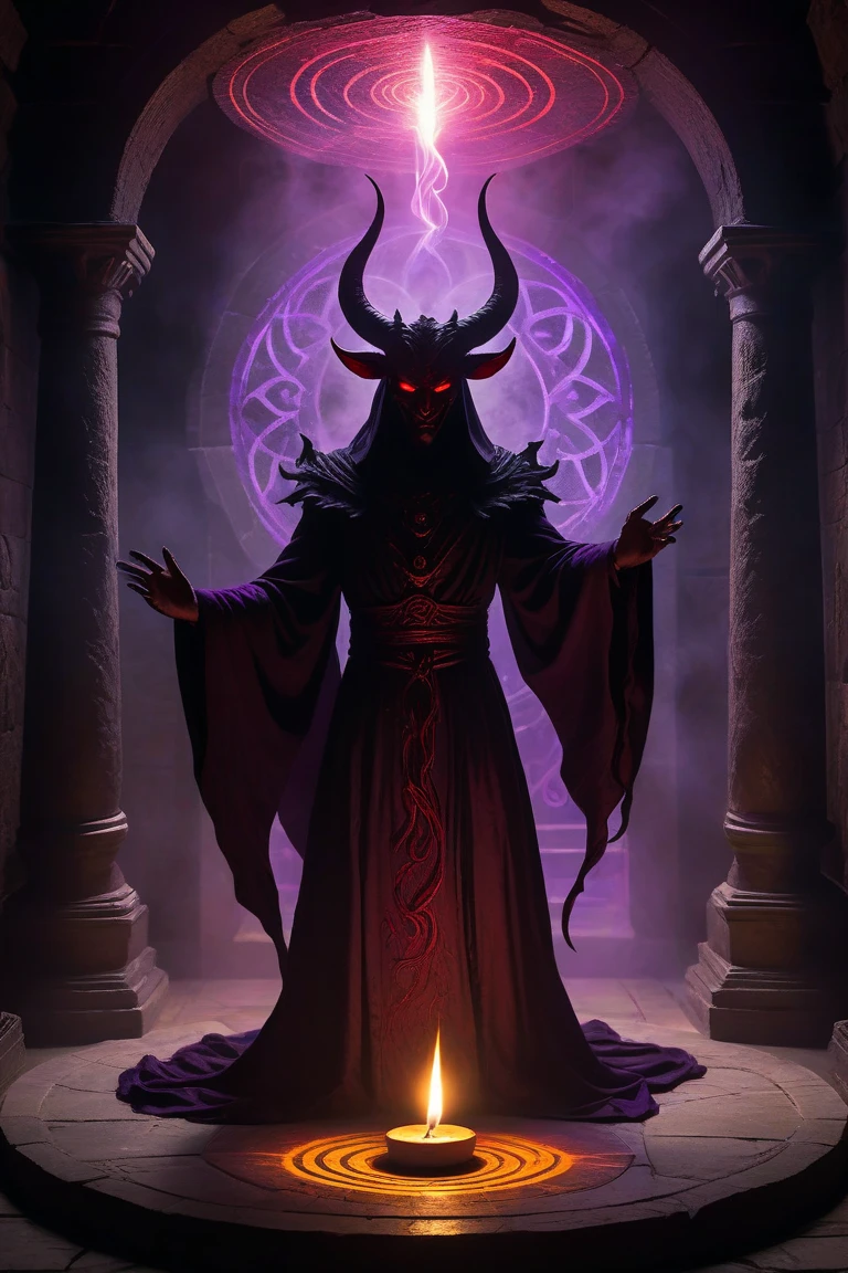 "A biblical-style illustration of a black magic widow, draped in dark, tattered robes with a cowl hiding her head, long horns adorned with lit candles and additional candles on her shoulders, and fingers that look like claws, casting a dark spell with her hands. She stands in hell, with red lights illuminating her from behind and the ground resembling red, raw flesh, depicted in the dramatic, intricate style of Gustave Doré --ar 1:1"
