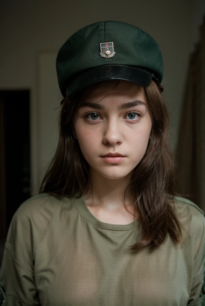 instagram photo, closeup face photo of 23 y.o Chloe in army uniform, cleavage, pale skin, (smile:0.4), hard shadows, cycling outfit, after shower with wet hair, fire station