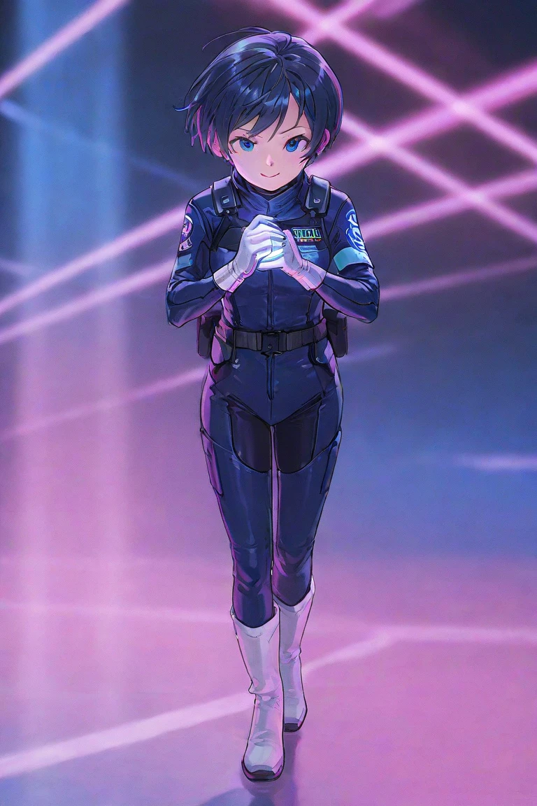 screenshot of anime blue lock, oc girl, female of medium low height, black full body uniform pants and long sleeve t-shirt, short wavy shoulder length, hair brown color, ahoge, blue eyes with lilac tones, ., isagijersey, sportswear, blue shorts, isagiuniform, bodysuit, isagitracksuit, blue shirt, blue pants