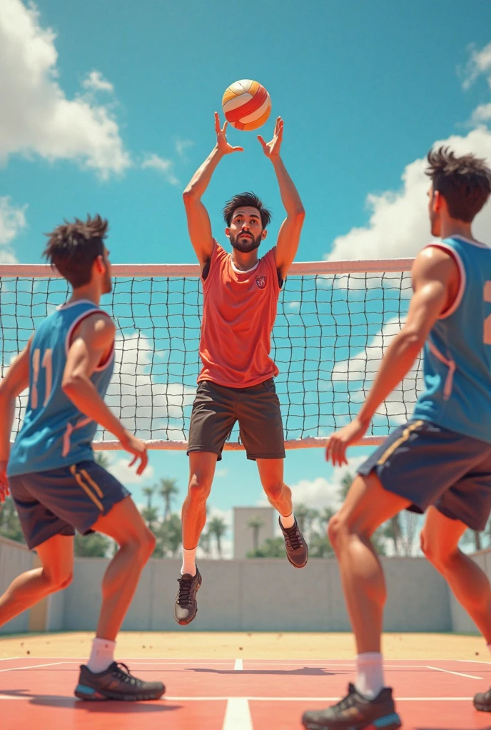 A high-quality, professional DSLR photo capturing a dynamic footvolley match taking place at night, with the players' movements frozen in time as they leap and stretch for the ball. The sand court is bathed in soft, ambient lighting from overhead floodlights, casting long shadows that enhance the action with exceptional clarity and detail.
