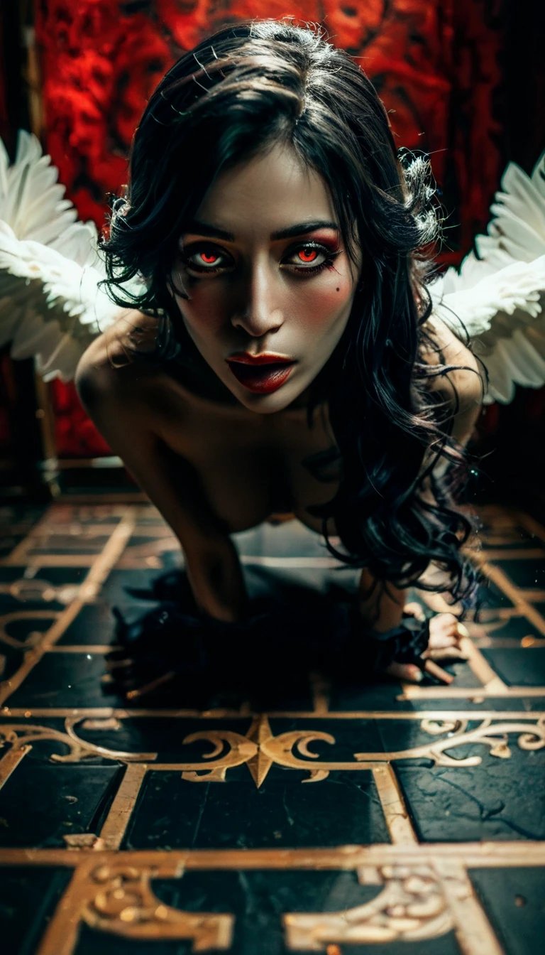 ((detailded)), an archangel possessed by an evil spirit screaming in pain atop a red tower 