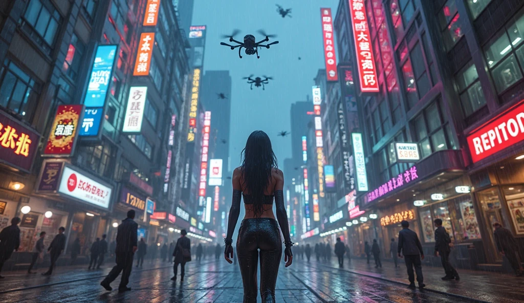 (Low angle view). A futuristic sci-fi all-glass city, tall neon buildings, 1 drone. High-resolution OLED GUI interfaces in the building, The windows are filled with transparent data visualization infographics that show it all, from weather patterns to traffic flow, Matrix cascading code. Colors are saturated and vibrant. At night, (1girl, solo), photo realistic, medium-breast:1.3 slim body, cleavage, sexy costume, miniskirt, (matrix style black sunglasses, holding a short gun), half-body thigh level medium shot, cinematic lighting, ray tracing.
