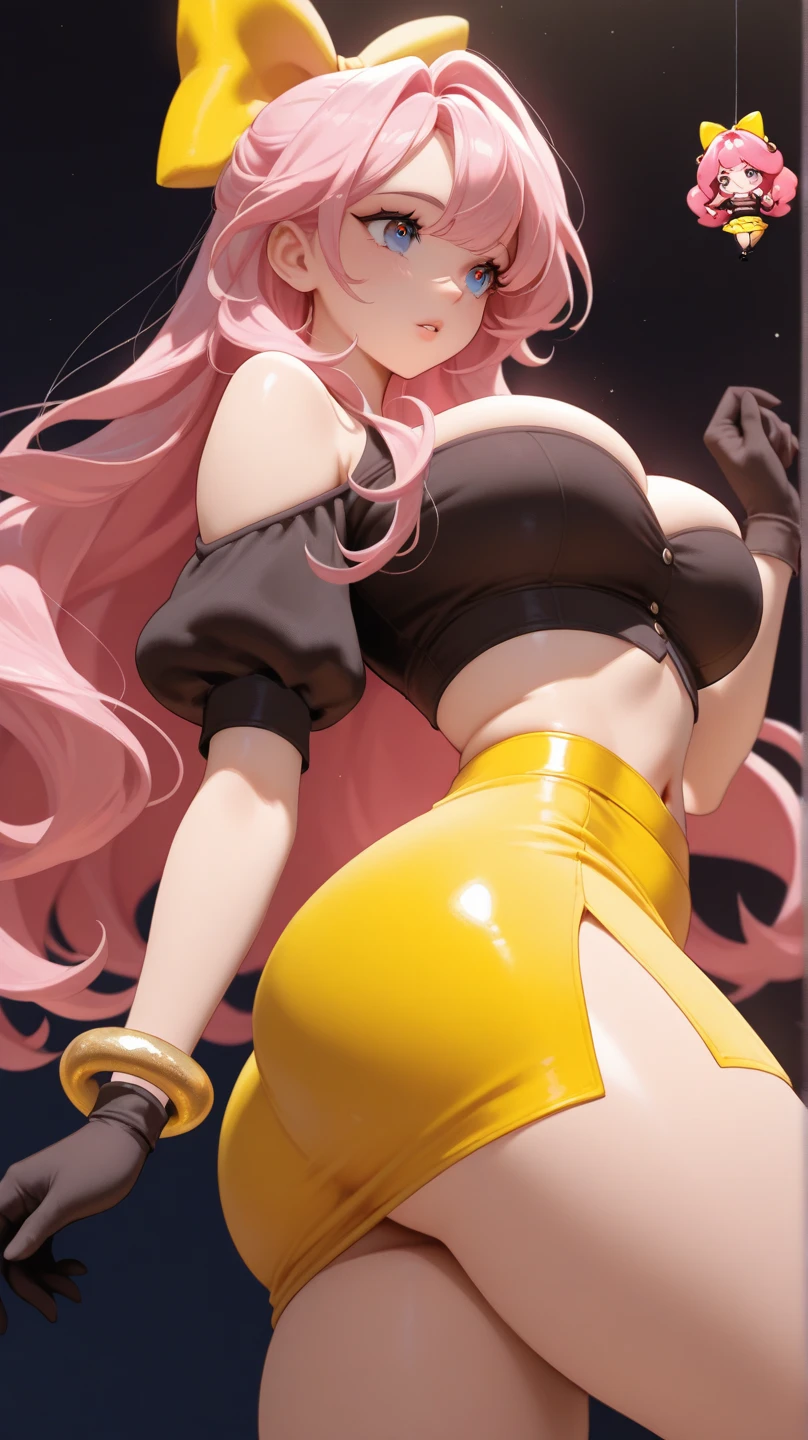 blush, ((lacus clyne)). smile, glowing aura, (airy), bravely default, natural light, ((masterpiece)), glossy skin, juicy lips , sexy, hot, cleavage, evil,juicy lips, bimbo, ((4 arms)), multiple arms, hour glass figure,(( light pink hair)), ((really long hair)), (slendered abs:1.4), wide eyes, blue eyes, (gigantic breasts:1.3), dark lighting, (black heels), off theshoulder leotard, ((white leotard)), ((intricate leotard:1.2)), ((tan skin :1.3)), (colored skin),multiple arms, perfect hands, black gloves, long cape