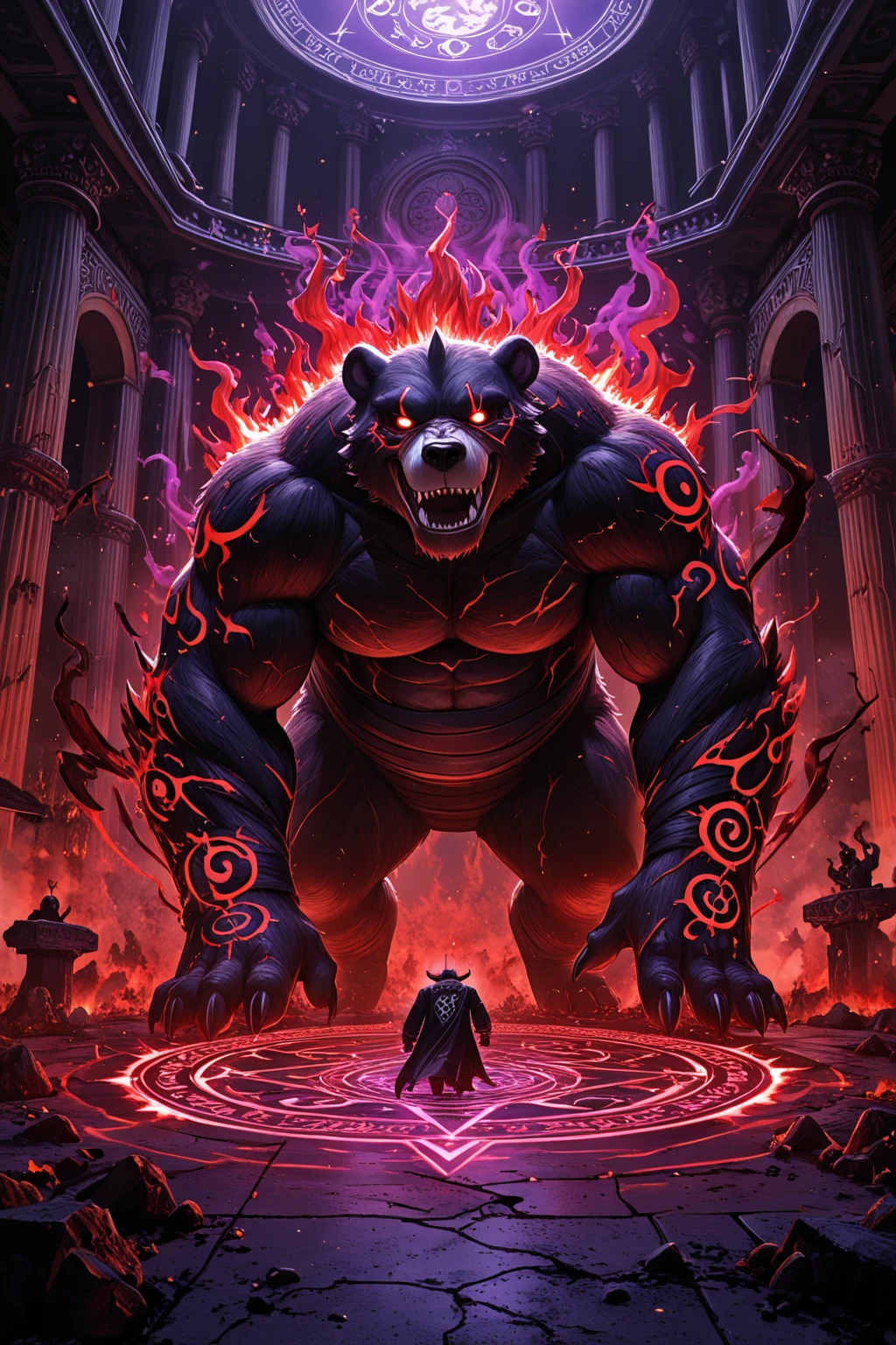score_9、score_8_up、score_7_up、score_6_up、score_5、score_4_up、Hunger、Ogre Werewolf、Big black eyes、Black fur、Muscular、Sharp teeth、nail、feet、Are standing、gold pendant necklace、Bloody bandage、Holding a medieval axe、Simple Background