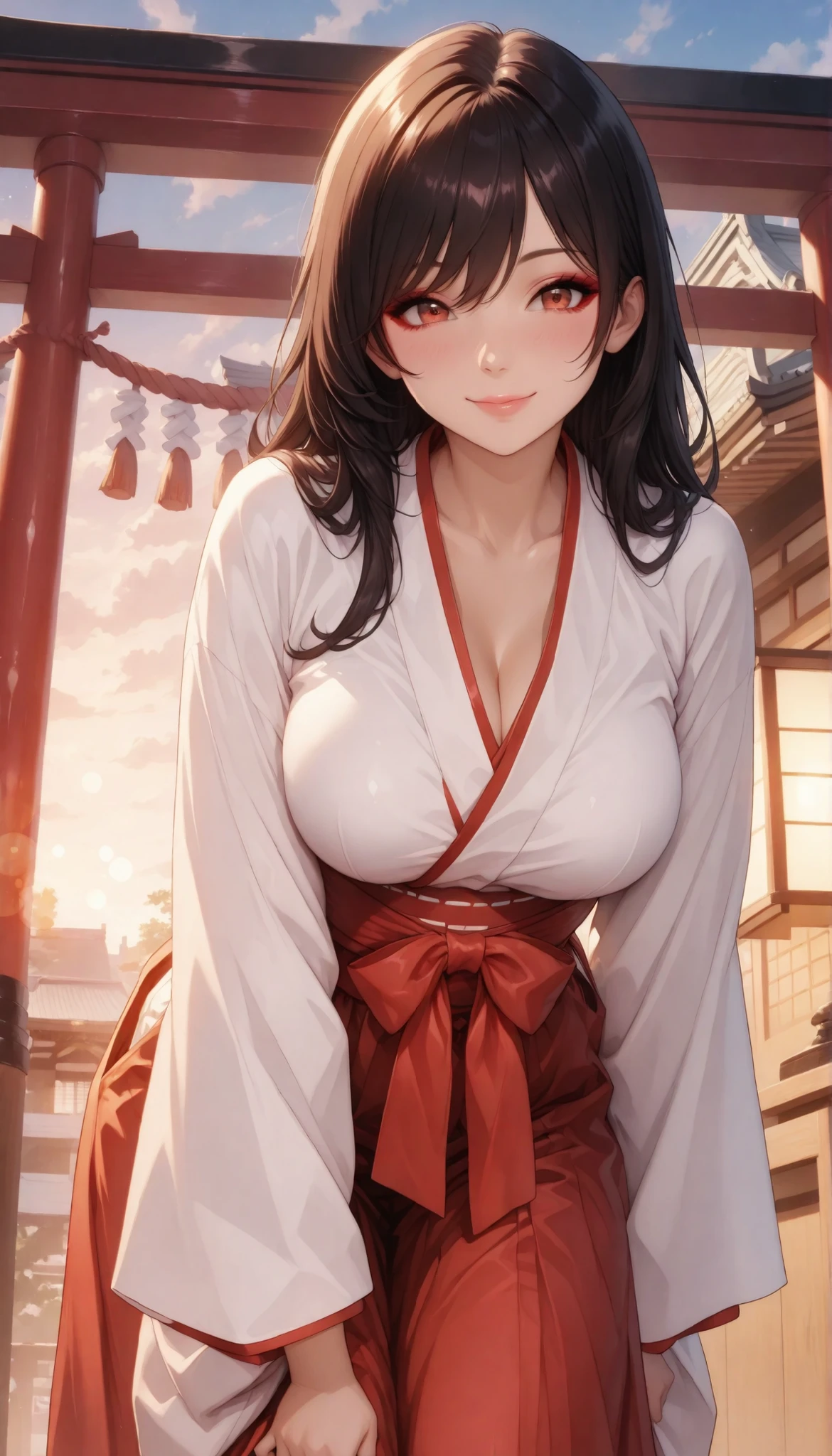 Anime Beauties, Scenery of the shrine, Japanese Shrine Maiden Clothes, Red and white shrine maiden costume, Lean forward:1.2, scraping up hair, Smile Yan, from below, cowboy shot:1.2, High Quality, Exquisite facial depictions, 4K high definition, anime style, delicate texture, realistic skin texture, bokeh background, Refined Lighting, sensual vibe, detailed high-definition illustration, hold a utopian, anime style, beautiful girl, beautiful girl, Erotic light , Cityscape Background,
