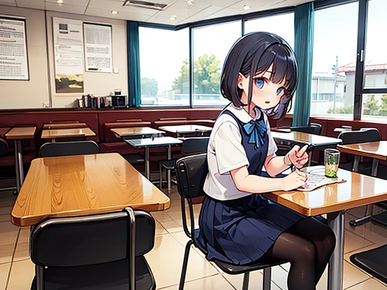 (highest resolution, distinct_image), best quality, masterpiece, highly detailed, semi realistic, a woman with short black hair, mature woman, triple bangs, blue uniform, blue pleated skirt, military uniform, main perspective, military academy, cafeteria, dining, lunch, with classmates, multiple background, crowd background, etc,