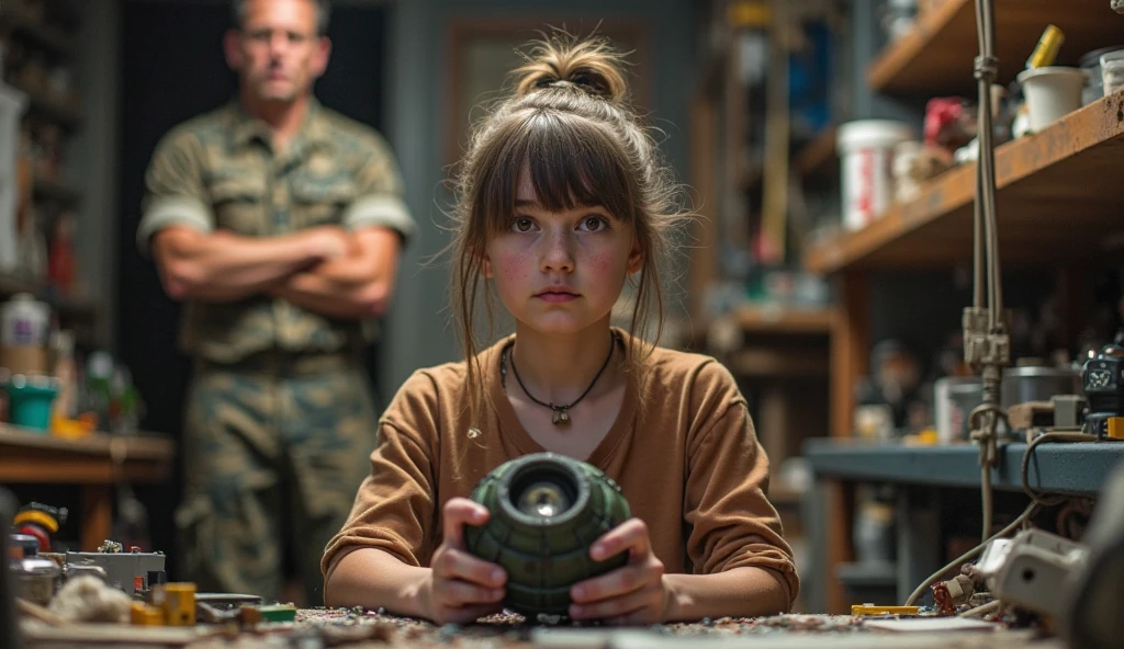 (semirealism:1.2), shoot from the upper angle, inside apartment, sitting on a bed, COD game poster on the background, military attributes on the background, golden hour, beautiful woman, freckles on face, pale skin, jet black hair, ponytail without bangs, short ponytail, black eyes, wearing black milkmaid dress, warm color, cheerful face, youthful face, holding a wet black t-shirt in one hand, holding a military helmet on the other hand