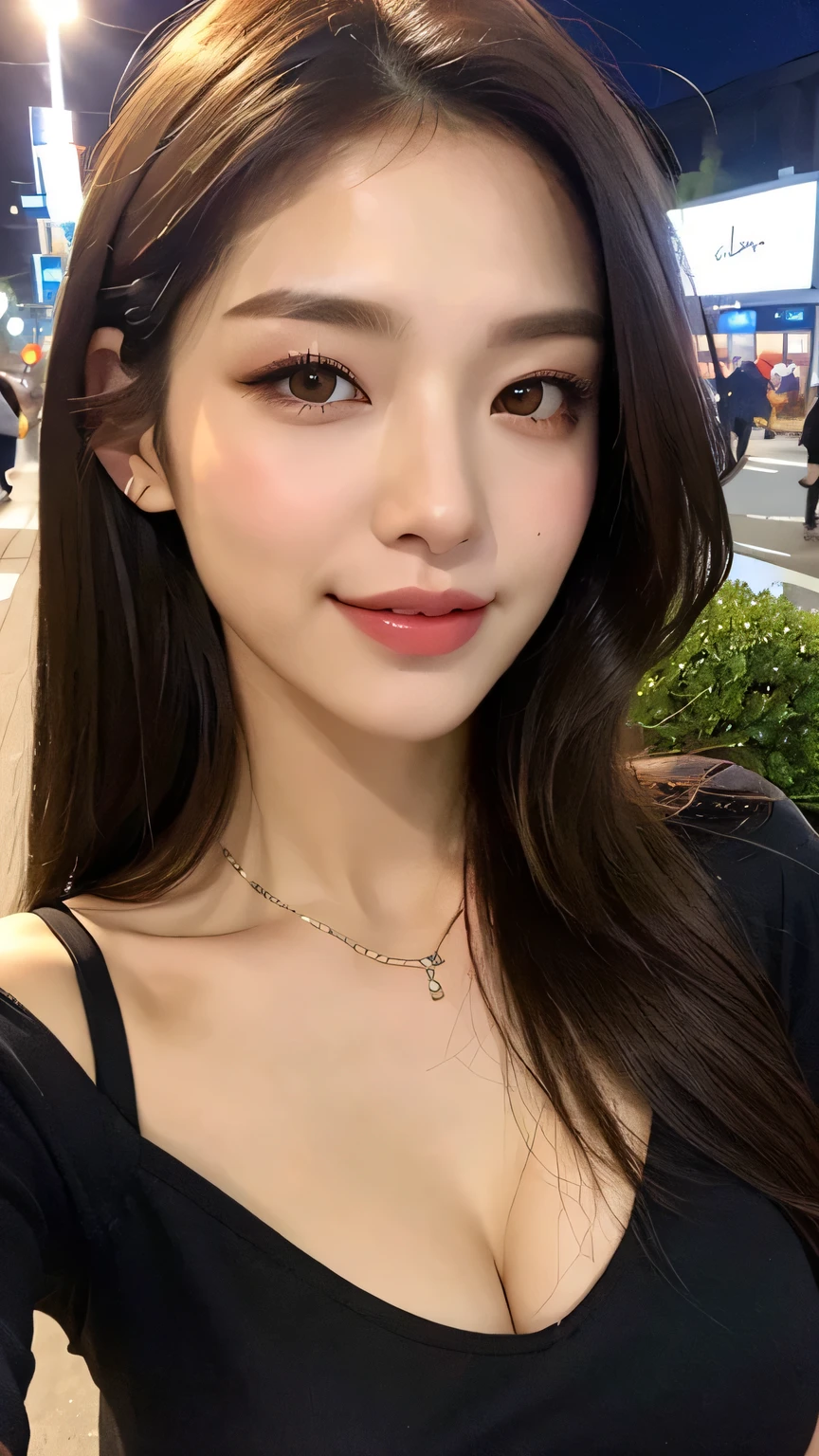 (top quality, 8K, masterpiece:1.3)), A pretty maiden,pure,oval face,Gentle and cute,sweet smile,pure,thin body,(Street),looking directly into the camera,inner strength, formal,Black silky long, layered long hair,Long hair spread over shoulders,big deal, round, black eyes,clear big eyes,Hydrated red lips,Sweet,stand, Photographed in the city,