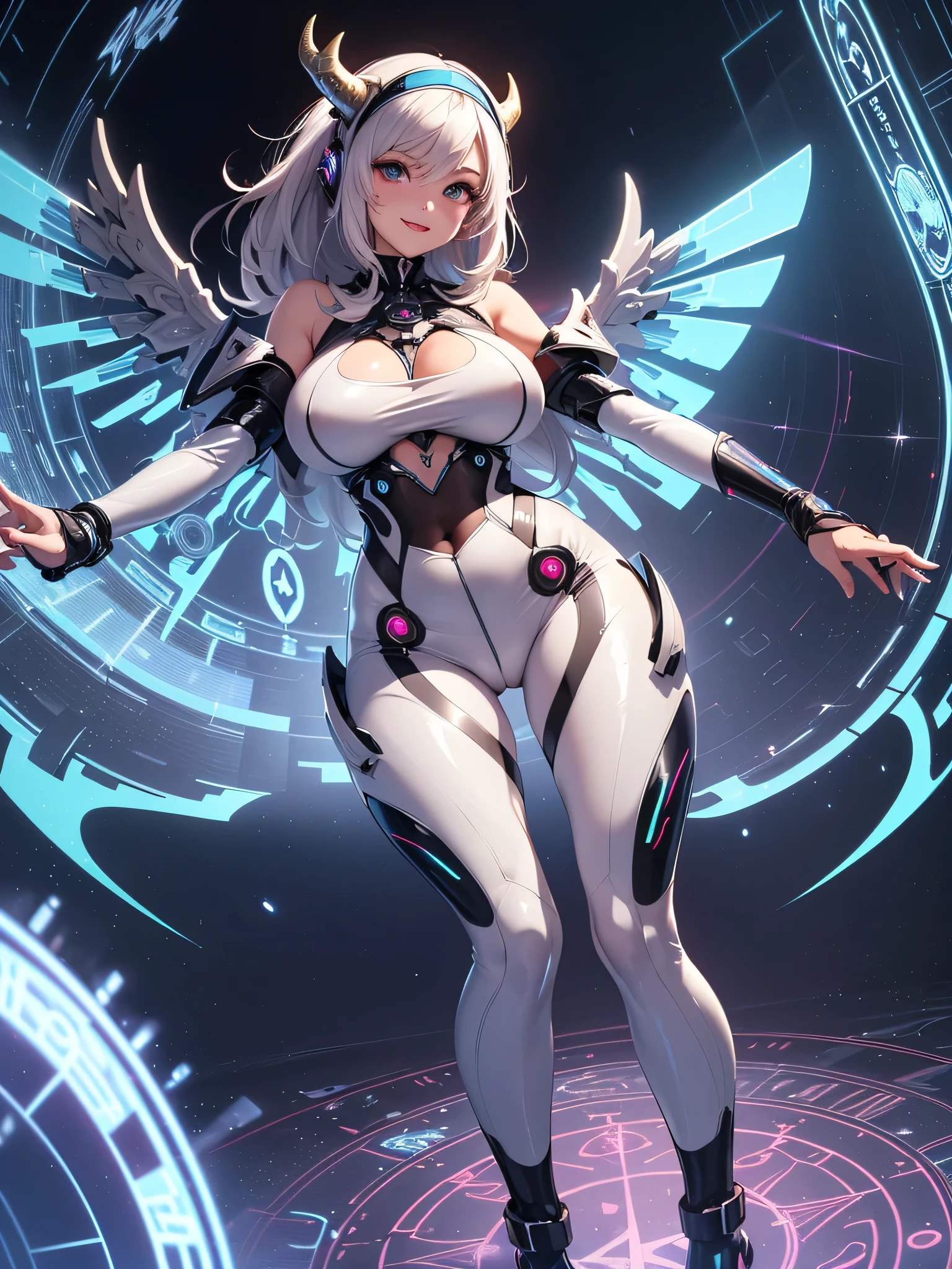 science fiction, android girl(metal skin, cyber joint, big breast, tall, long silver hair), large wings,