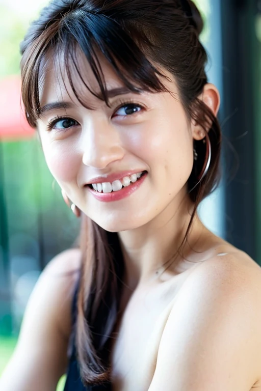 Highest quality, masterpiece, (Realistic:1.2), (uetoaya), (Huge breasts:1.3),smile, head shot, Backlight, Silhouette Lighting, Shirt lift, Tomboy, Brown long hair, Hair on one eye,  front, Detailed face, Beautiful Eyes, Oily skin, Sweat a lot, Fitted, Stars and Stripes Bikini, Underbust, Santorini, Greece