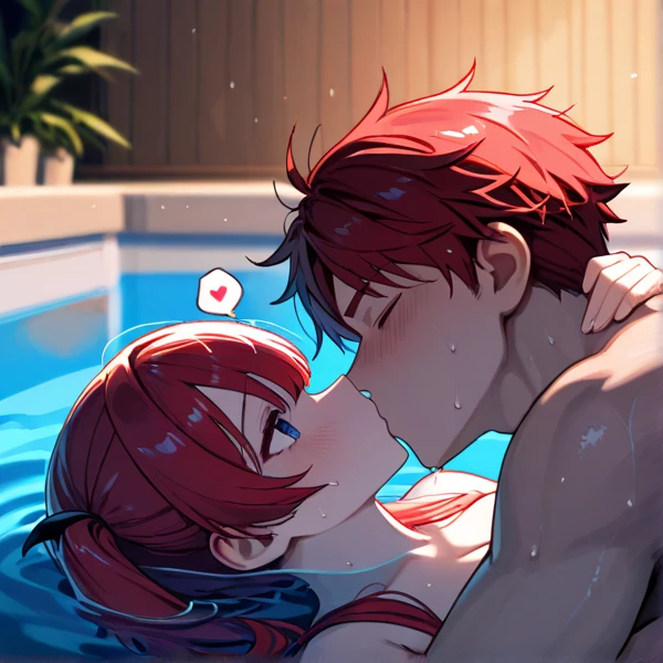 score_9, score_8_up, score_7_up, score_6_up, BREAK, asbsurdres, highres, best quality, masterpiece, <lora:Misty:1> misty, long hair, orange hair, slender, swimsuit, kissing a man, flat puffy chest, one breast out, nipple, backyard pool, penis in hand, cum drool,