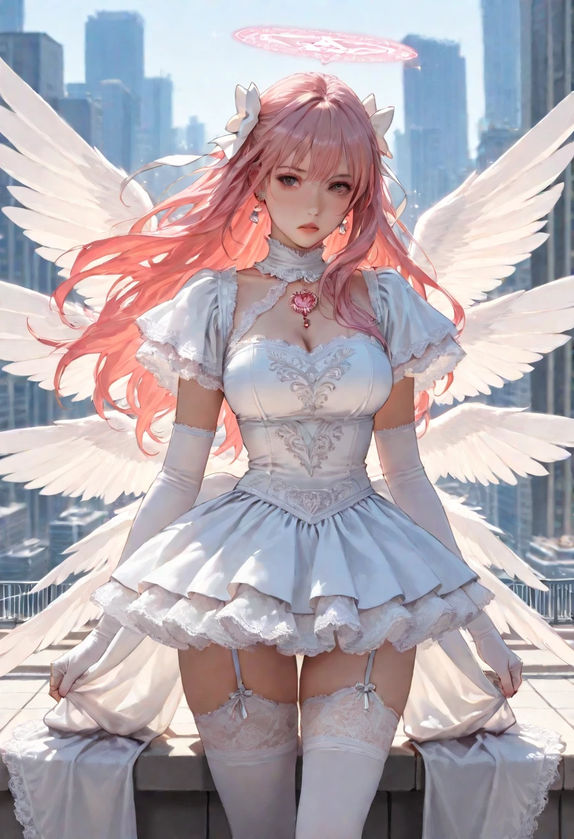 whole body描写、(((Fisheye Lens)))、looking at the camera、Skyscraper、steampunk、Urban hustle and bustle、Traffic jam、street tree、((((Pure white dress)))),Giant Girl 50,000 feet high,Weight: 1000kg,With giant pink angel wings,head,head上の王冠,Elf with pink earrings,She has long pink hair that reaches down to her feet.,Hair loss,Pink wavy long curly hair,Wearing pink boots,pink lace gloves,Pink lace pantyhose,Pantyhose decorated with ribbons and stars,粉色蕾丝whole body,Standing tall in a small town,Beautiful appearance,Exquisite makeup,quality,8k,高quality,Perfect Proportions, Cinema Lighting,Film Grain,The Colors of Fuji,8k,Textured skin,Super Details,Attention to detail,High resolution,False Smile,Bloodstain,脚底有Bloodstain,whole body,obesity,Elf Princess,feather,Flowers,Sit elegantly atop a skyscraper
