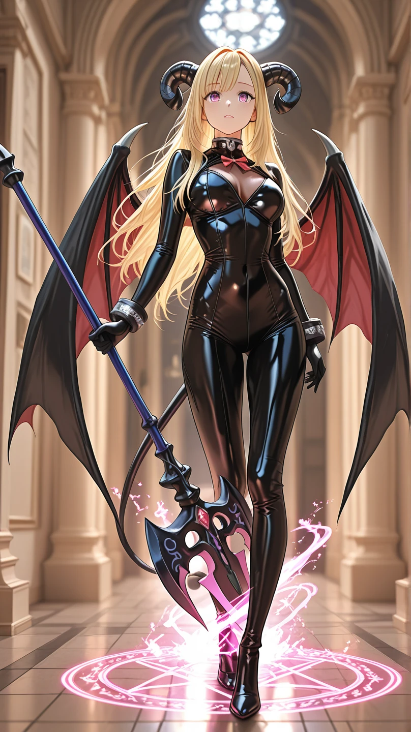 16 year old Adriana Lima, ultra detailed face, ultra detailed blue eyes, long blonde hair, fire, hell, demon, horns, (red dress, skirt), (((masterpiece, large bat wings, screaming)))