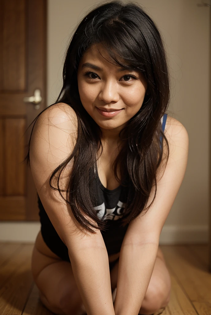 Indigenous 18 years old girl, wearing sensual dress, smiling, full body, sitting on a chair sitting with legs open, photo taken from the side, selfie