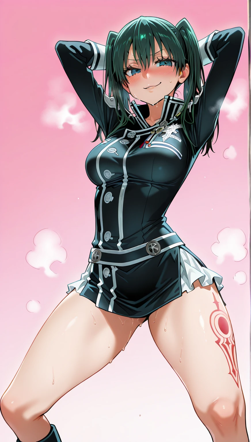 (highest quality:1.2, Anime artwork, Very detailed, High Detail, digital coloring, High Contrast, masterpiece:1.2, highest quality, Best aesthetics), 8k,masterpiece, cute,tall,beautiful,best quality, 1lady,black hair,long hair,empty eyes, (finely detailed empty pupils and detailed face),,,,extremely detailed cg unity 8k wallpaper,solo,(latex military costume:0.9),large breasts,seductive smile,military hat,latex thighhigh,large breasts,black hair,pink eyes,pink leotard,pantyhose,military coat,enamel suits,grossy lips,sitting,bust shot,sadistic smile,,heel,shiny skin,military coat,detailed face,beautiful body,full-body,adult,