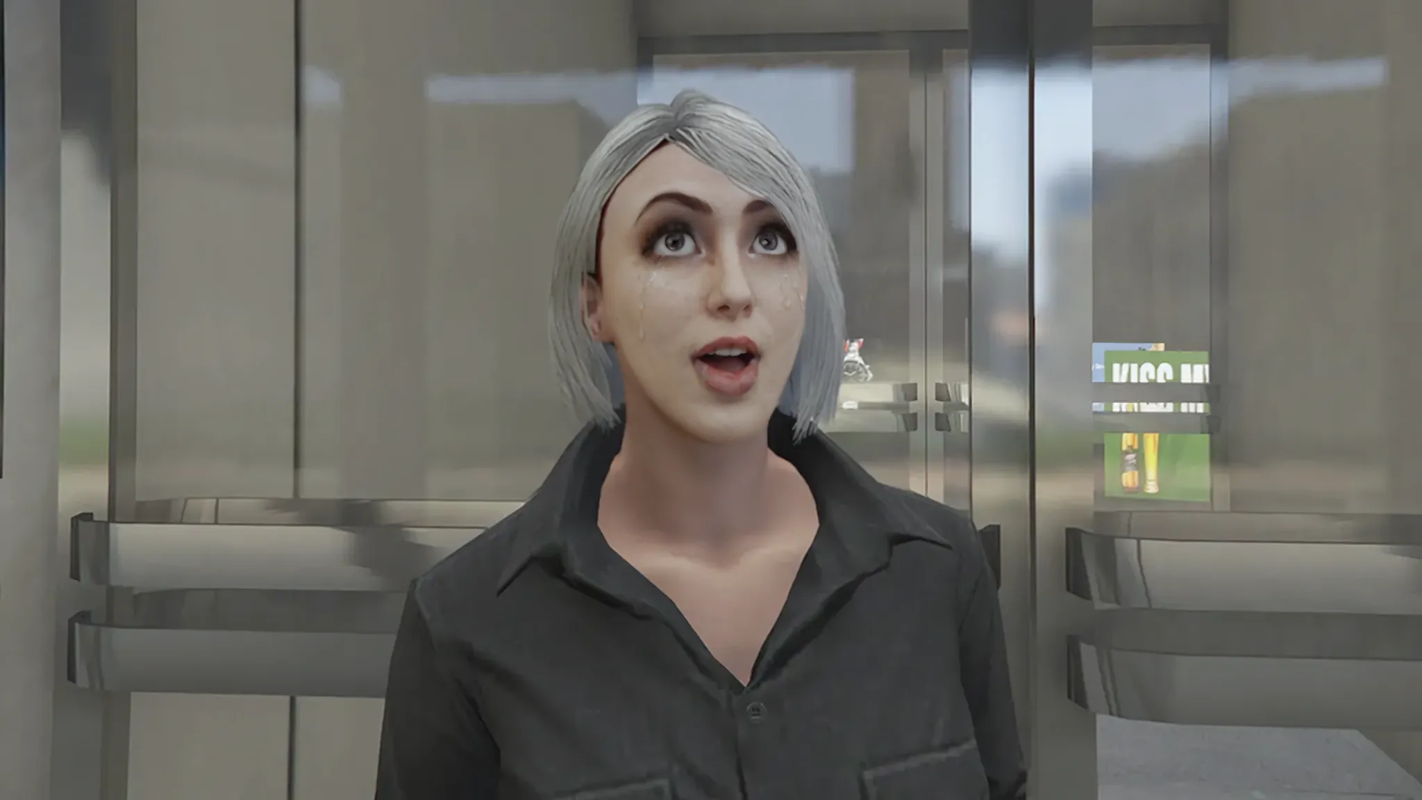 (masterwork:1.1), (photorealism:1.1), ((high angle POV:1.4)), (1girl), kneeling, facing the camera, (bukkake:1.2), (ahegao:1.2), (looking up to camera:1.2), (alternative hair with shaven sides:1.1), instaport style, sexy librarian, flushed, ((full body portrait)), alternative woman, (open mouth), (wearing an female office suit:1.2), (cleavage:1.2),  (necklage), (moaning), detailed photograph, poster, high detailed, 8k, focus on lips, facing camera, 8k resolution, embarrassed, (orgasming), (partially closed eyes), nsfw, polished, HDR, 8k, sharp focus, focus on face, medium breasts, dark eyeliner, lipstick, (in a store frozen-food aisle), at day, background lights, people in background, color photo, shallow depth of field, natural light, (perfect hands), perfect face, damp hair, erious eyes, contrast, textured skin, cold skin pores, gigapixel , feet visible, flawless face