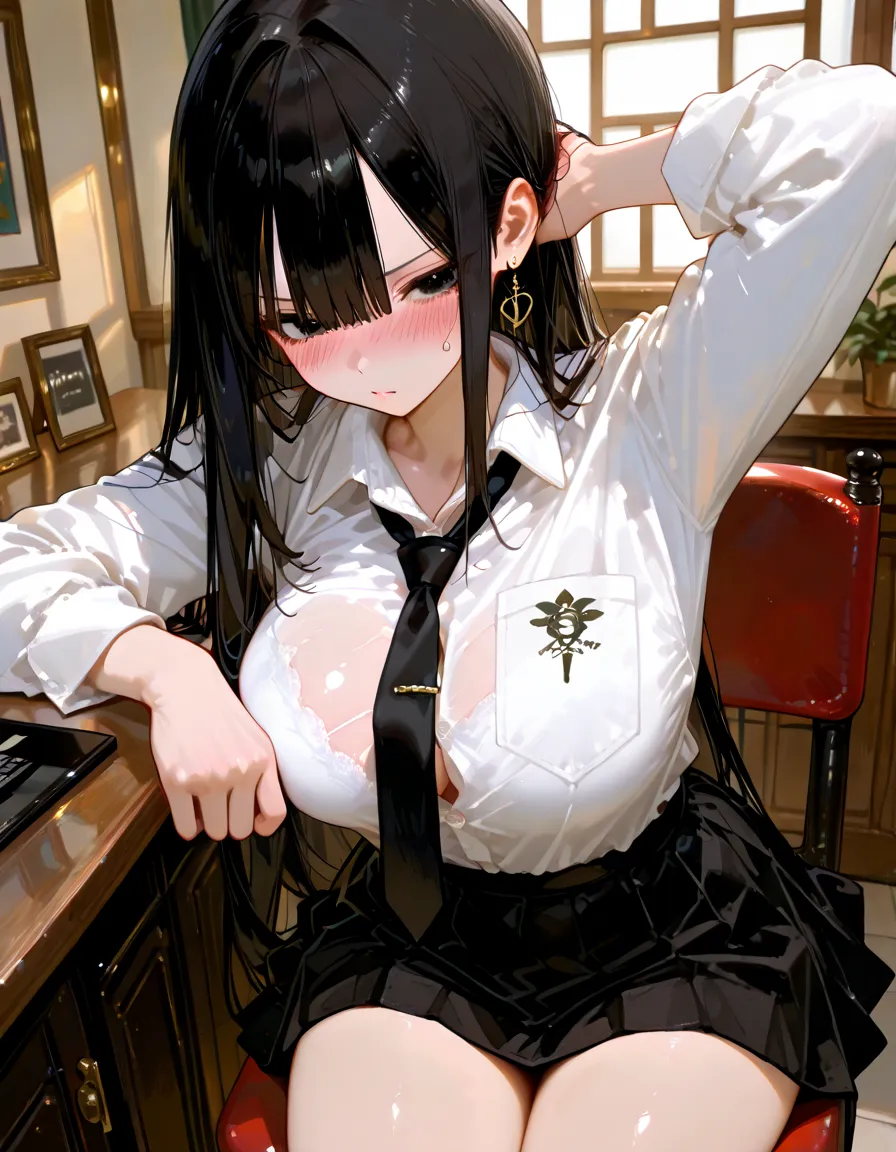 1girl, office, ((shirt)), (angry), ((hourglass figure)), black tights, (from above), looking at viewer, ((thick thighs)), ((pussy)), ((lingerie)), nipples, (sitting), ((close up)), ((spread legs)