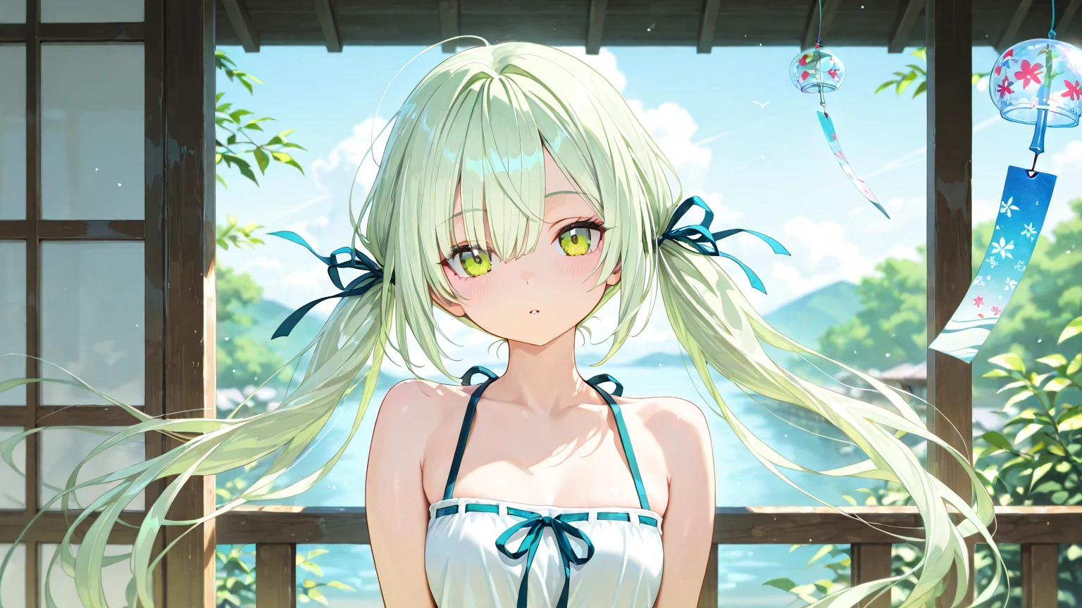 (highest quality:1.2, Very detailed, up to date, Vibrant, Ultra-high resolution, High Contrast, masterpiece:1.2, highest quality, Best aesthetics), Portraiture、girl、((25 years old:1.7)), (slim:1.2), summer dress, barefoot, Bright colors、Playing in the flowing river, standing, beautiful river, nature, Beautiful fine details、Beautiful lip detail、long hair, (ponytail:1.3), white and yellow green ((streaked hair:1.6)), highlights hair: 1.5, (small breast,:1) (tan skin:1.2),
Close up of upper body