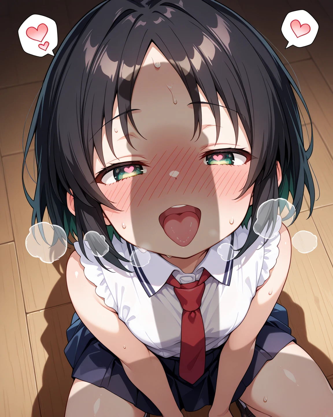 1girl, futaba rio, seishun buta yarou, Ash gray hair, massy hair, large breasts, skinny, , ponytail, hair_scrunchie, sweater vest, Beige vest, white shirt, short sleeved shirt, red tie, pleated skirt, black high socks, loafers, tegaki, 
2boys 2penis, (How, How on hair, How on clothes, excessive How, pojecile How, facial, bukkake, Cum from multiple cocks、Her face is covered in a lot of semen:1.4)、closed mouth, from above, Close ~ eyes、Grimacing、Frown、Displeased face、Mosaic on the crotch、
masterpiece, best quality, very aesthetic, absurdres, highly detailed