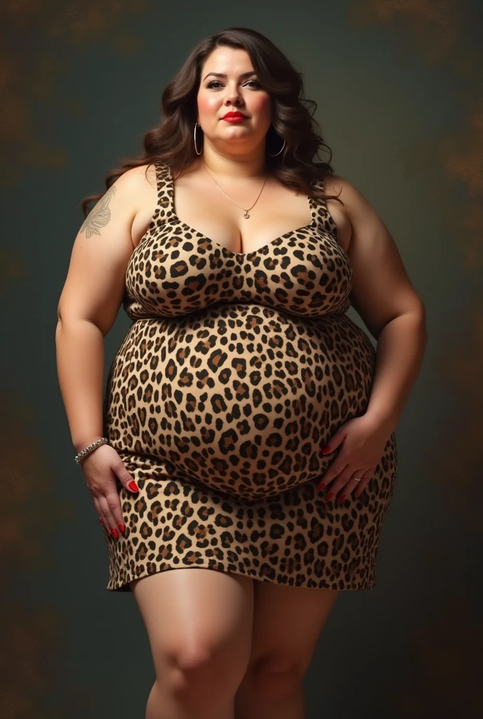 Ssbbw extremely morbidly obese solo Stephanie McMahon full body alone wearing a leopard dress