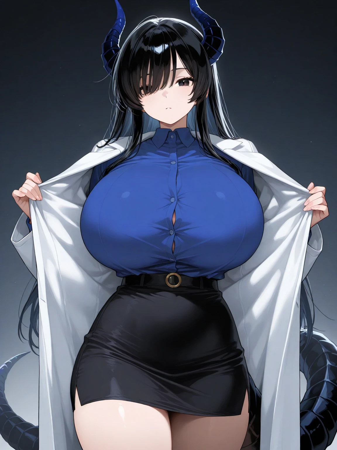 ((1girl)), perfect face, atago, black hair, long hair, brown eyes, animal ears, ((dark background)), facing forward, cowboy shot, lustful smile, in the center, ((giant breasts)), ((bending over)), ((hands on hips)), perfect hands, correct number of fingers, ((white yukata)),