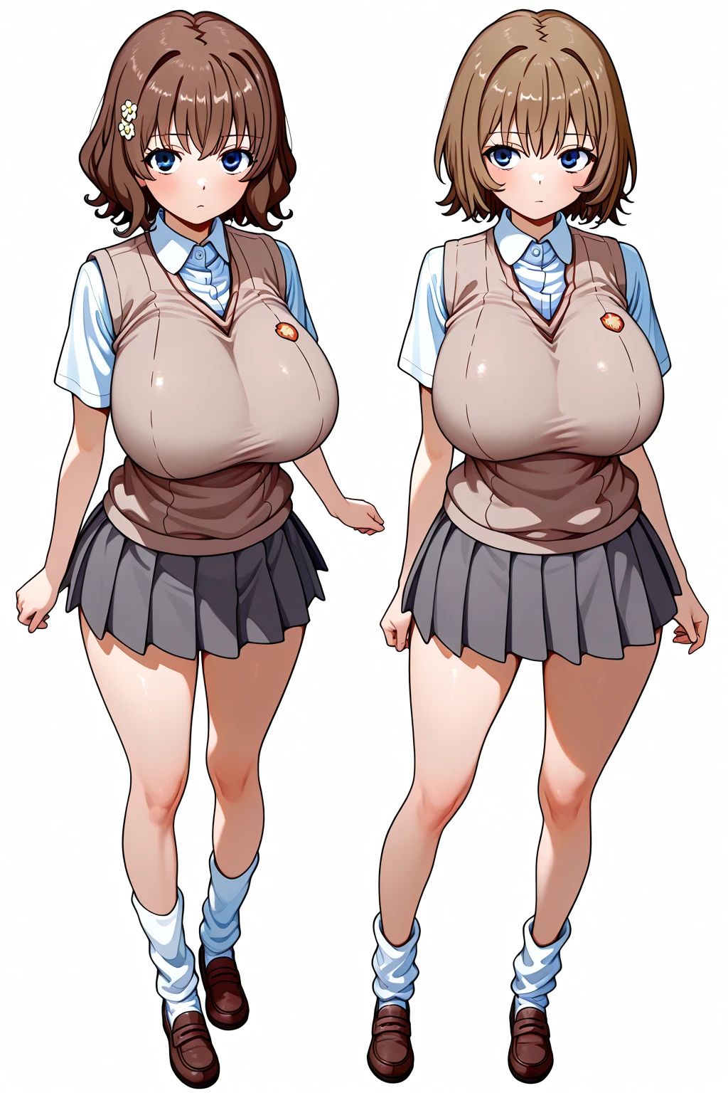8K, RAW Photos, Highest quality, masterpiece, Realistic, Detailed face, Detailed skin, Warm color temperature, (Simple gray background:1.1), Beautiful Japanese Girl, (short hair:1.1), Asymmetrical bangs, Light brown hair, Full Body Shot, Front view, (One Girl:1.2), (Low length:1.1), height: 148cm, , skinny, (Light blue ruffled micro skirt:1.2), (Pink t-shirt for girls with a unicorn illustration:1.2), (Striped knee socks:1.2), Huge breasts, Fake breasts, smile