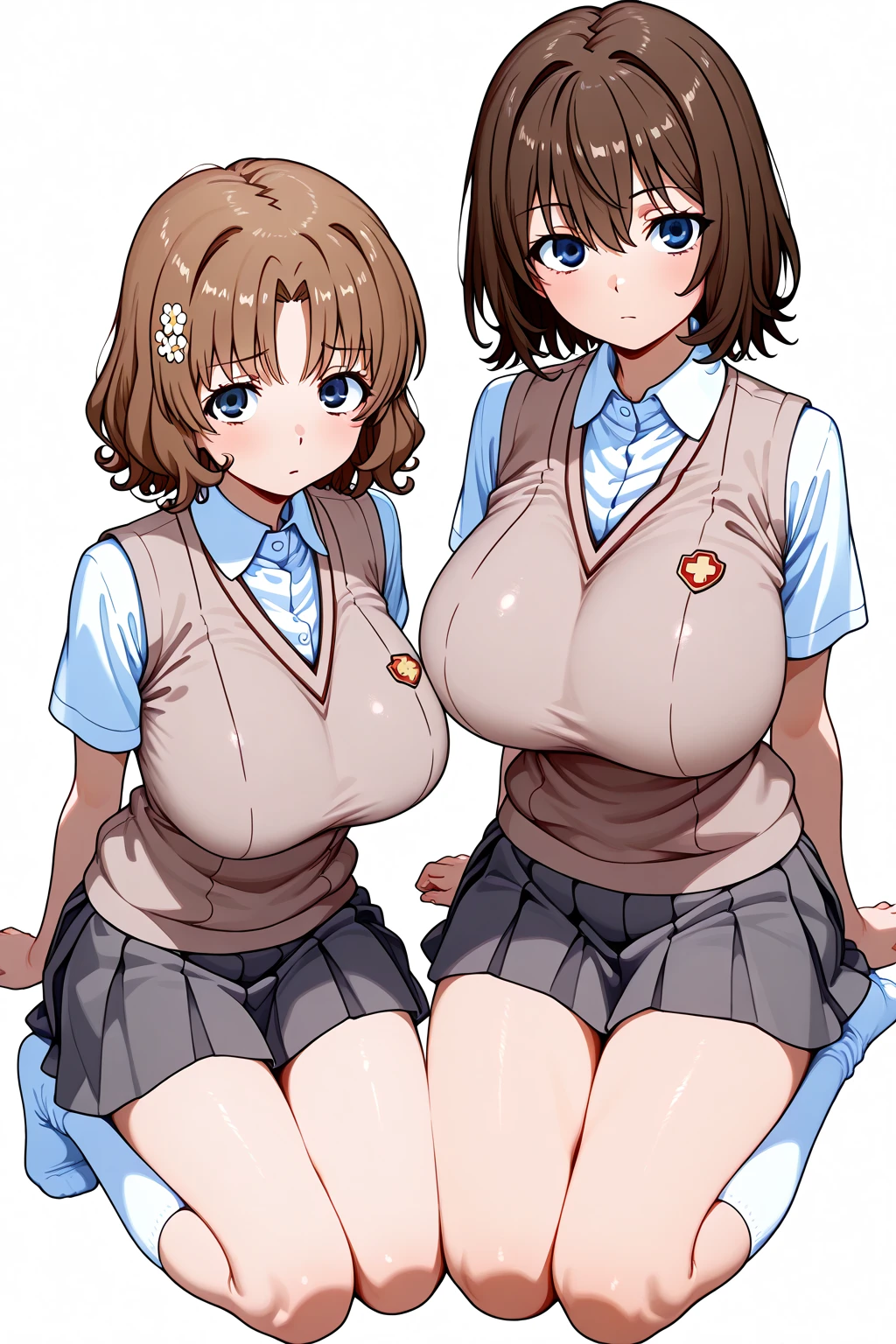 Mother(36 years old、Brown Hair、tall、Big Breasts)and daughter(12 years old、Red hair、Flat Chest、child)Quarrel、Angry expression、Glare、classroom、Nipples、pubic hair