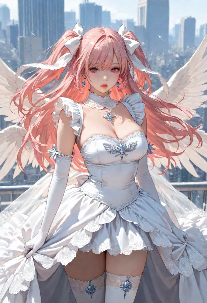 ((raw photo)), ((masterpiece)), anthropomorphic humanoid AngelGirl wearing white noble robe, intricate detail, futobot, intricate Greebles pieces, sky behind, pink, beautiful wings, detailed eyes and lips