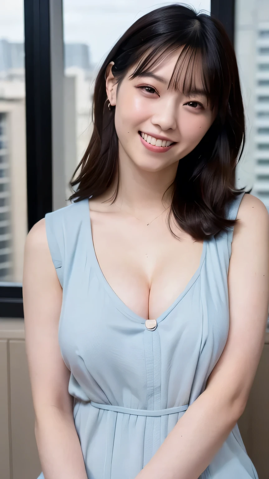 ((8K:1.27)、top-quality、​masterpiece、超A high resolution:1.2)Photo Beautiful Japan woman(pleasing:1.1) (White shirt:1.21) Fantasia、detaileds、Geometry、Gradient lighting、1girl in、Delicate skin、looking at the viewers、Brown-eyed、(short hair with bangs:1.2)、(very big boobs:1.0)、(medium areola:0.8)、(realisitic:1.4)、(top-quality:1.0)、(超A high resolution:1.0)、8K、Raw photography、(​masterpiece:0.2)、(pureerosface_v1:0.5)、 white  clothes、From the knee up、Turn your buttocks、by the window、Kamimei、excited expressions、Red cheeks、want me、walls、Staring at this、Angle from the side、up chest、a necklace、Underpants、tight fitted、 Stripe Print Bodycon Dress、navy、multi colored、The collar looks like a polo shirt、up chest、Laugh、Clothes with a tight silhouette、