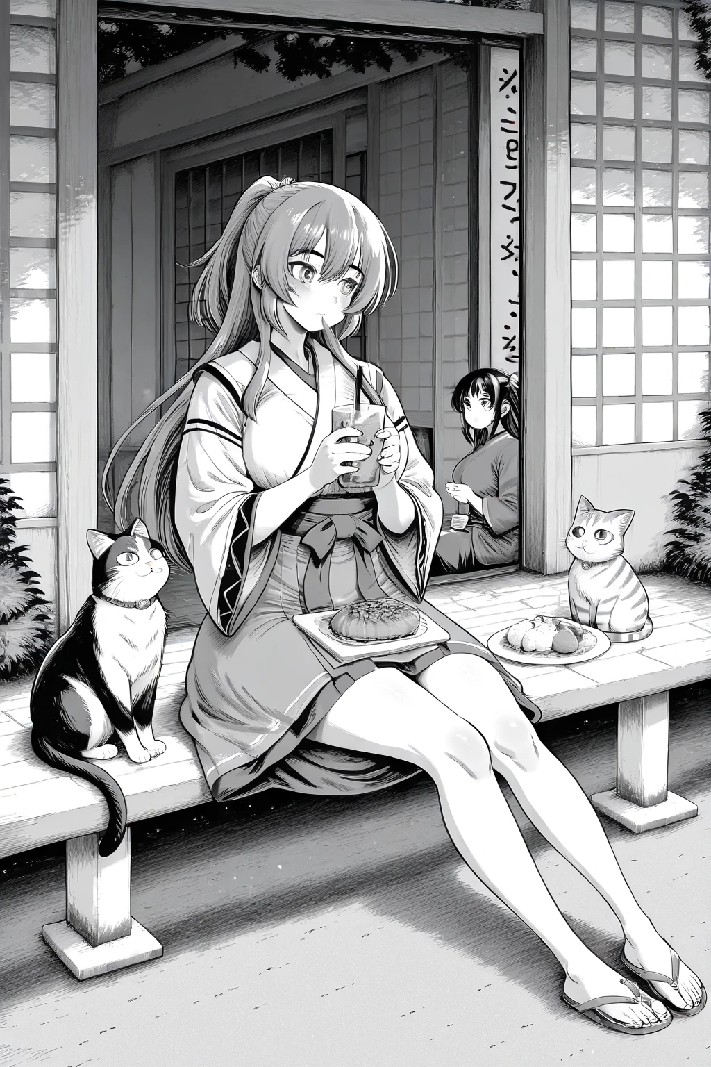 Masterpiece, best quality, matsumoto rangiku, 1girl, long hair, black short kimono, cleavage, large breasts, resting, furrowed brow, smile, Japanese architecture, close-up, full body, shiny skin, sweat, smile, blushing, puff up breasts, sitting.