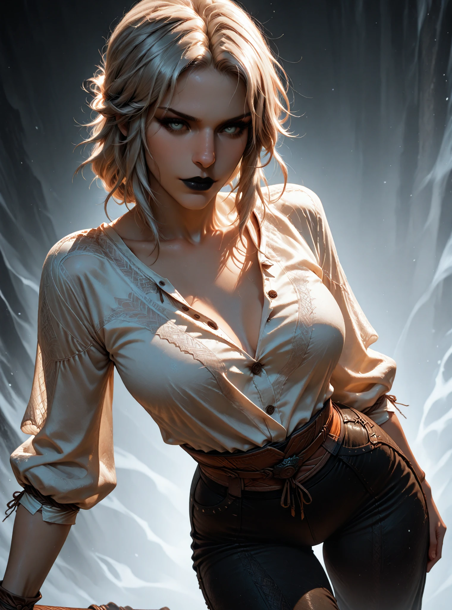 score_9_up, score_8_up, score_7_up, 1girl, solo, mature female, ((Ciri)), white tied hair, green eyes, pink lips, parted lips, fit slim body, ((perfect medium erected breast)), ((( white shirt, brown tight leather leggings, brown belt))), (((dark bathroom, candles on walls,))), perfect model body, seductive pose,