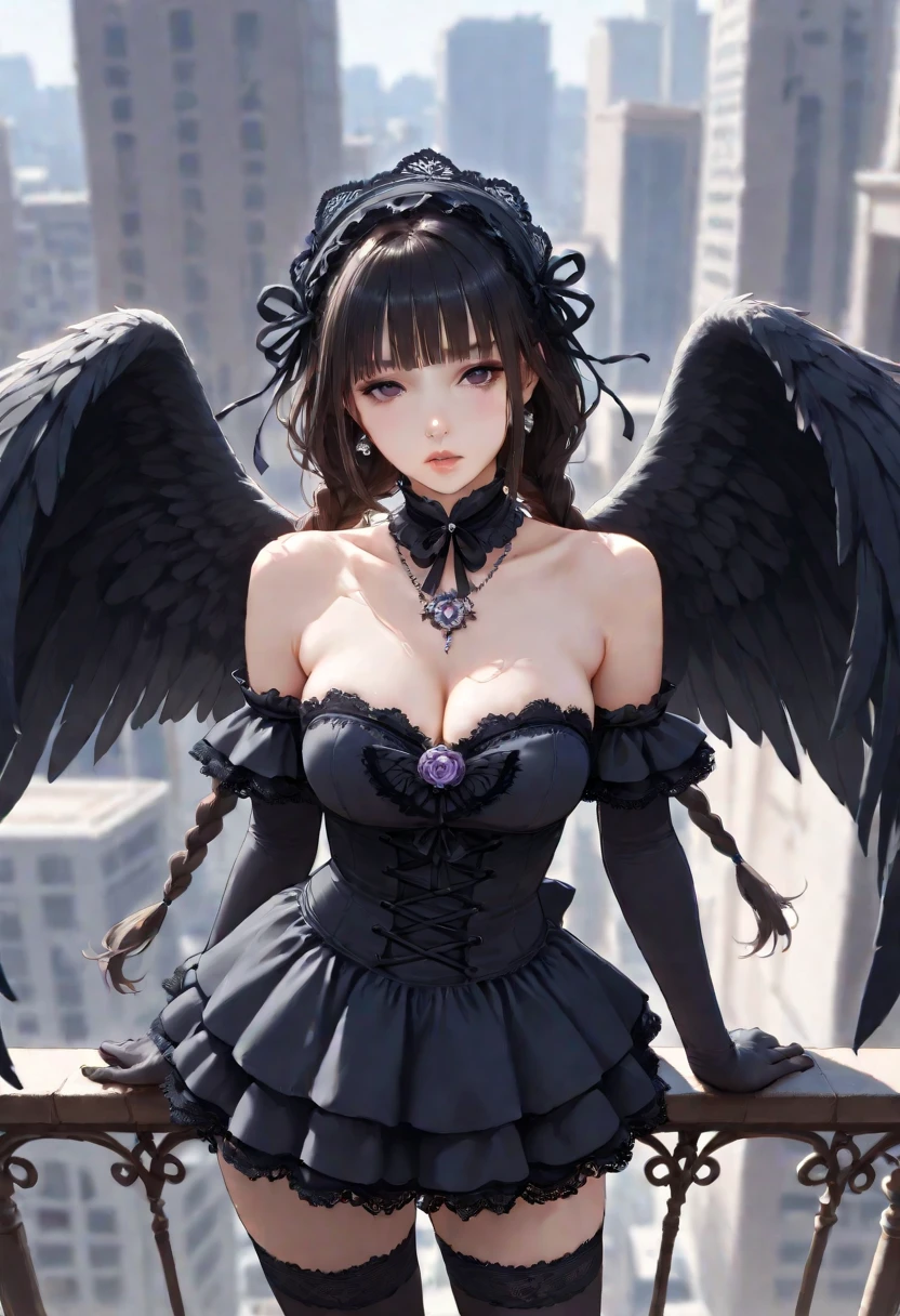 masterpiece, Angel Girl, young，12 years old，Brunette with wings, Hart neckline，Black dress with feathers, Close-up portrait, Delicate face, Lots of black feathers, silver，Black Wings, Blue sky, cloud, castle, whole body,(Cover Style:1.3)，anger，Veins popping out，fury ，ruins
