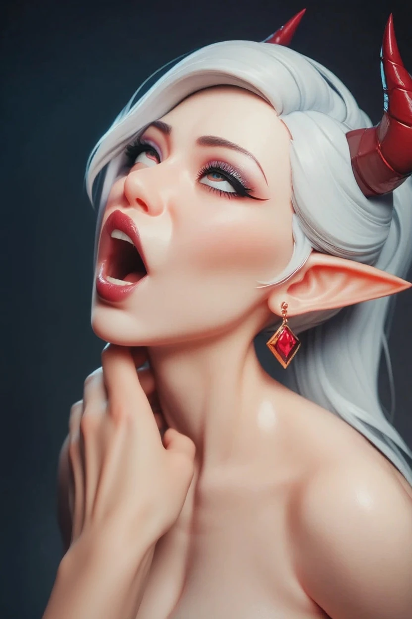 best quality, masterpiece, nsfw, beautiful demon girl sitting in the center of the room, multiple character, pov, fisheye, strong perspective, perfect hands, perfect anatomy, (finger in another's mouth:1.2), finger biting, finger sucking, tongue, saliva, biting, saliva on finger, blush, naked, absurdes, detailed face, (beautiful face:1.2), (seductive eyes:1.25), (heterohromia:1), realistic detailed skin texture, sweating, white hair, detailed hair, bold eyeliner, nipples, pointy ears, erected nipples, heavy breating, mouth open, glamour makeup, bright lps, chocker, small horns, demon wings, (very excited:1.15), sexually aroused, erotic, seductive, attractive, sexually attractive, petite, cute, elegant, (blush:1.35), anatomically correct hands, dark magic room environment, magic lamp, magic glowing crystals, light particles, volumetric light rays from top, volumetric fog, light rays, hyperdetailed, High Detail, high resolution, intricate, cinematic, 8k, hdr, realistic, love atmosphere, film grain, <lora:FingerLicking:0.8> <lora:GoodHands-beta2:0.5>